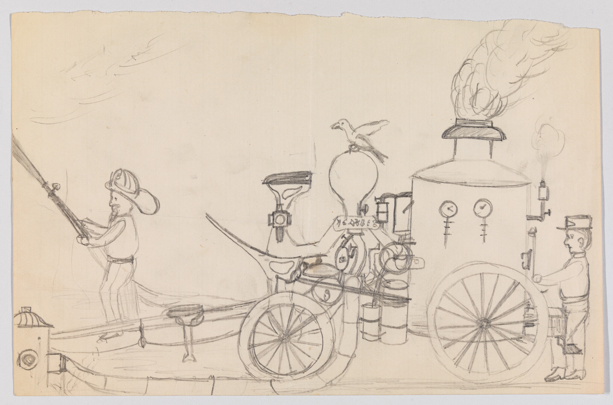 Steam-powered fire engine drawing with firefighters pulling a hose and operating controls.