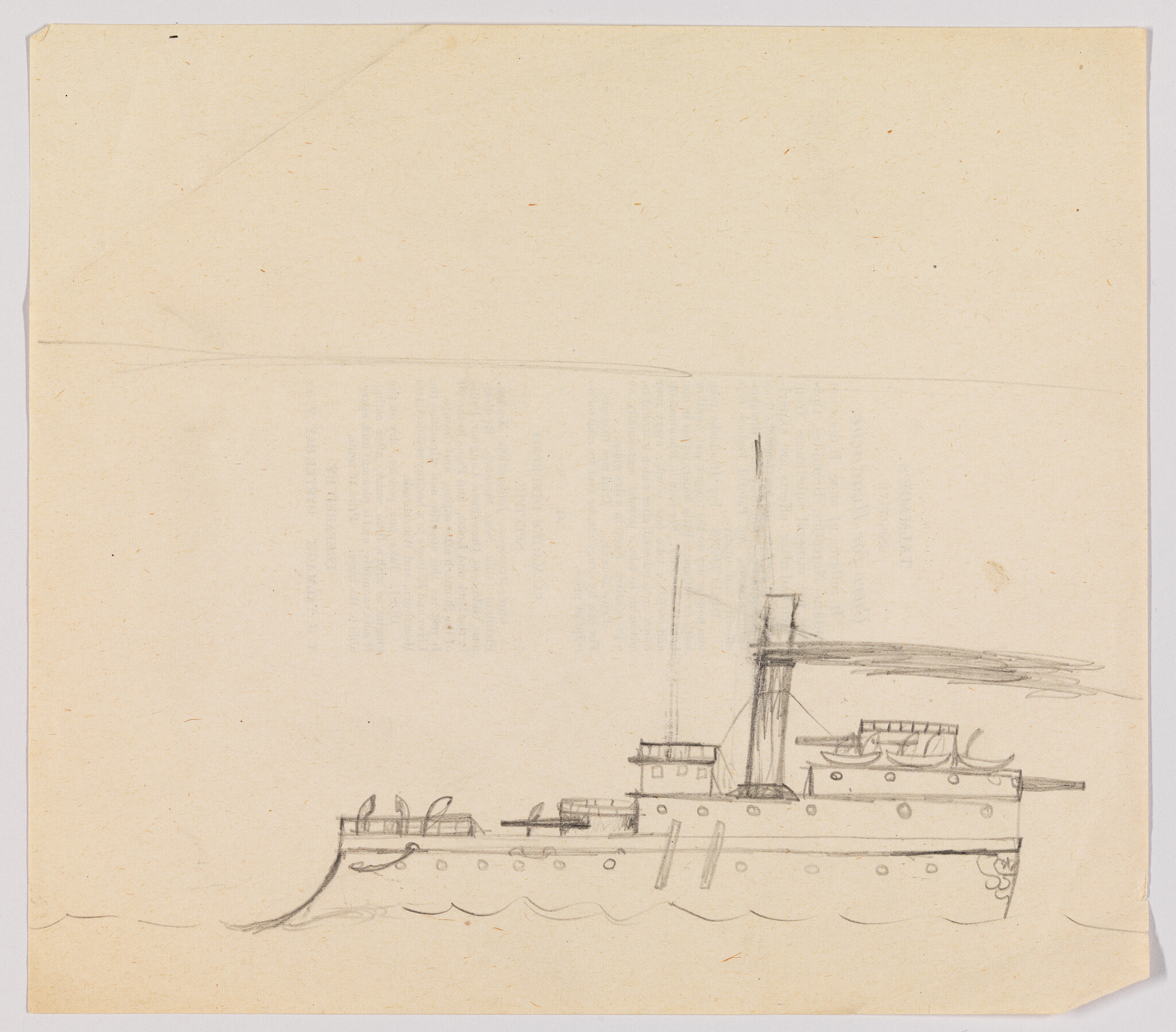 Pencil sketch shows a steamship with lifeboats and a smokestack on calm water.