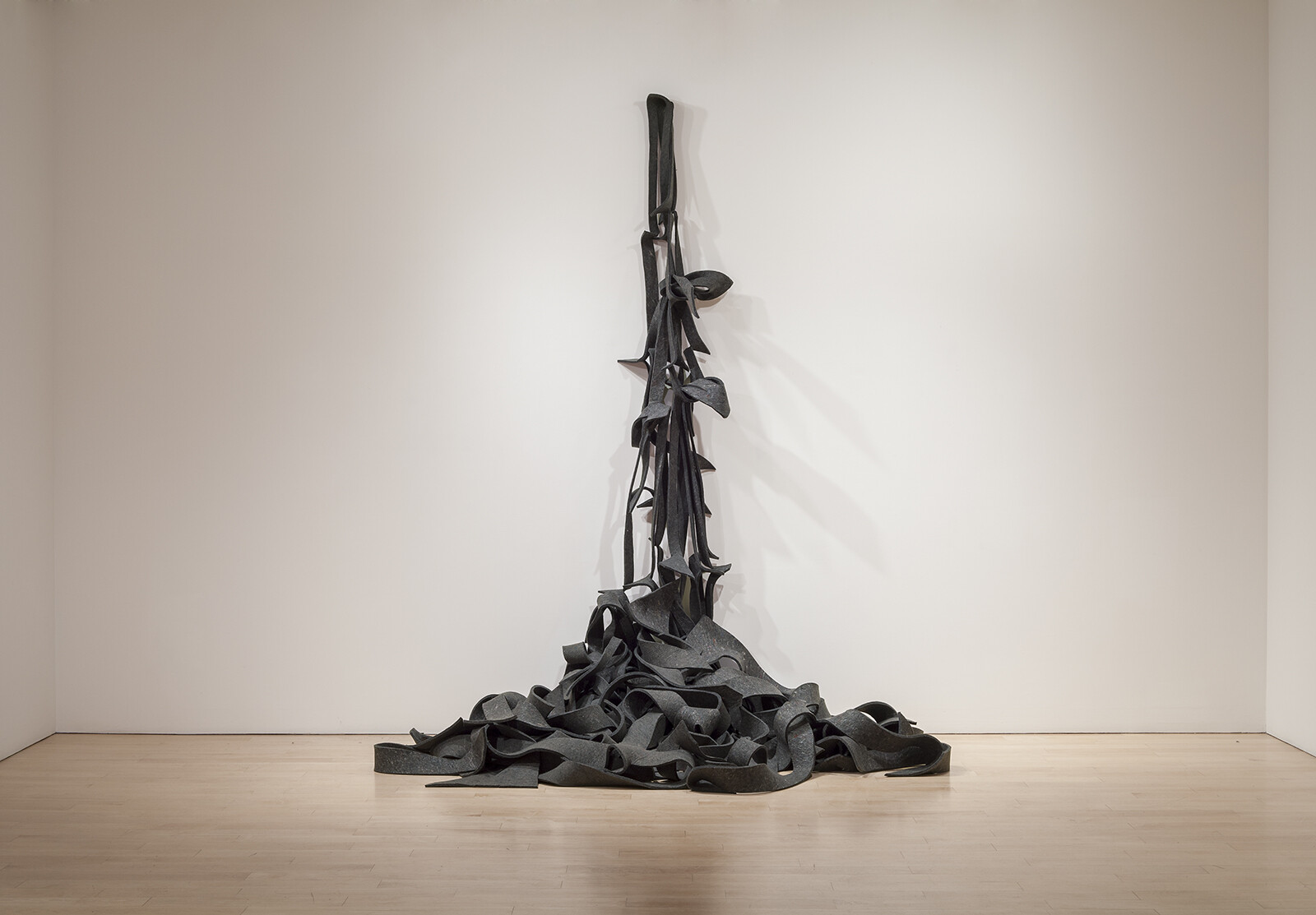 Black ribbon-like strips hang from the wall and spill into a tangled pile on the floor.