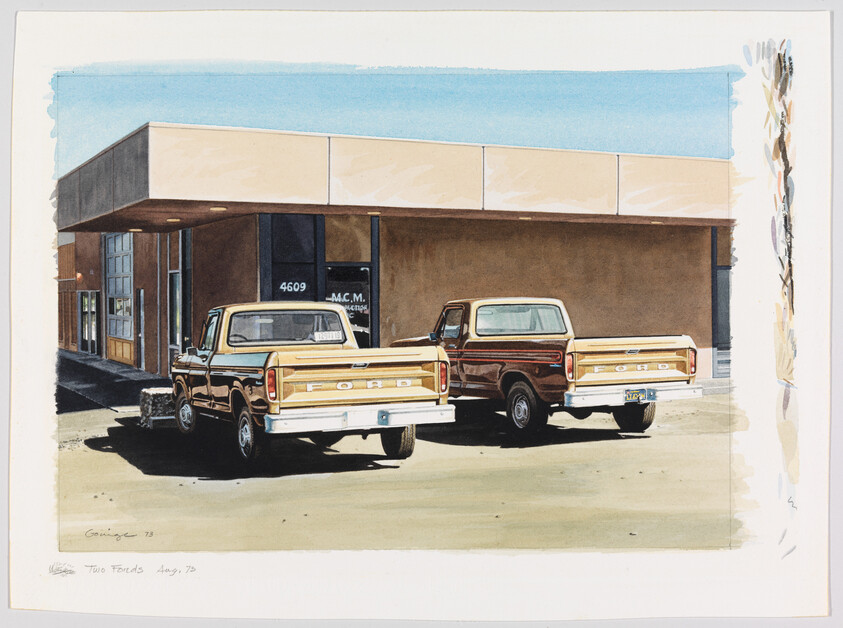 Two vintage Ford pickup trucks parked outside a beige commercial building.