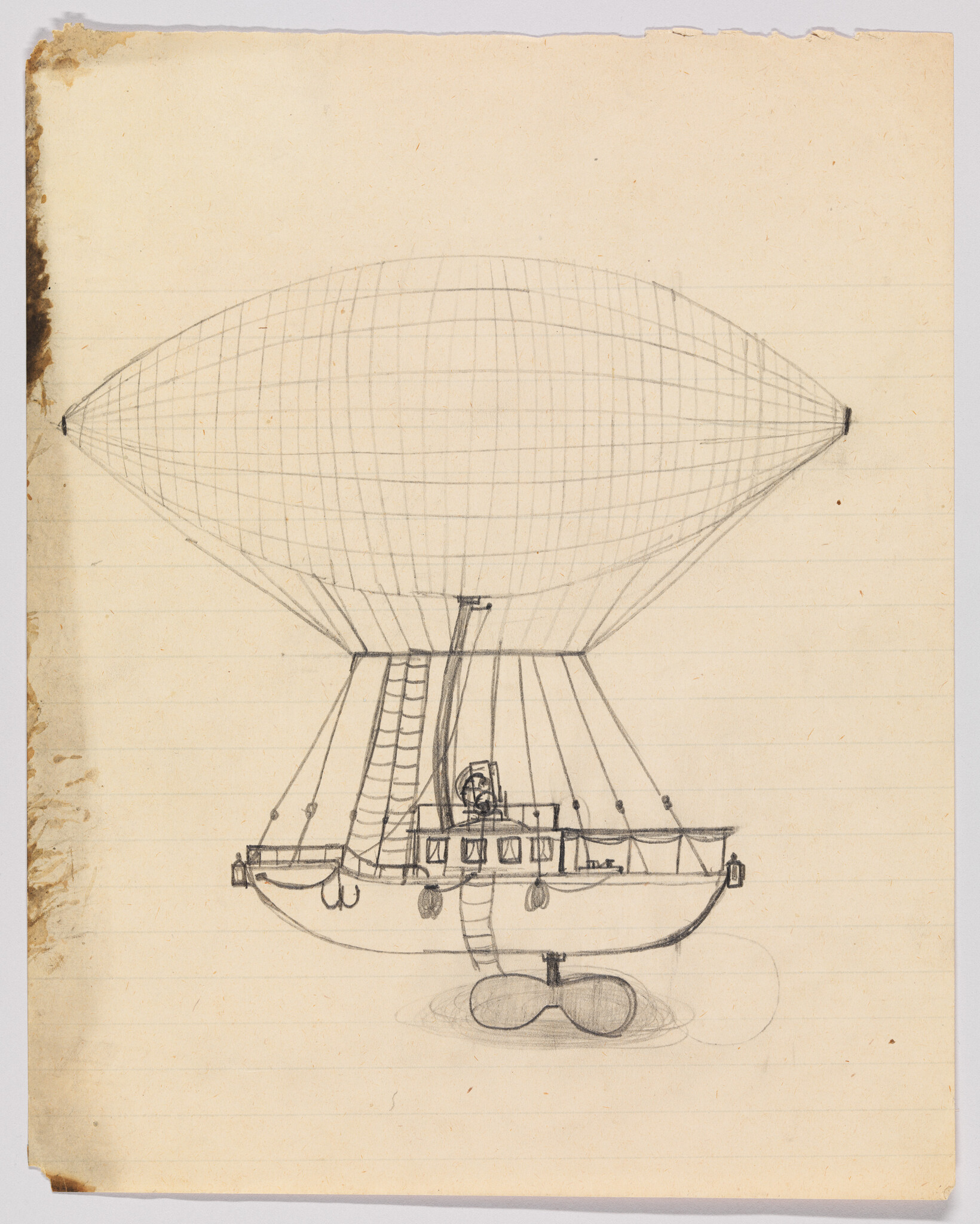 Pencil sketch of a large airship with suspended boat-like gondola and twin propeller floats.