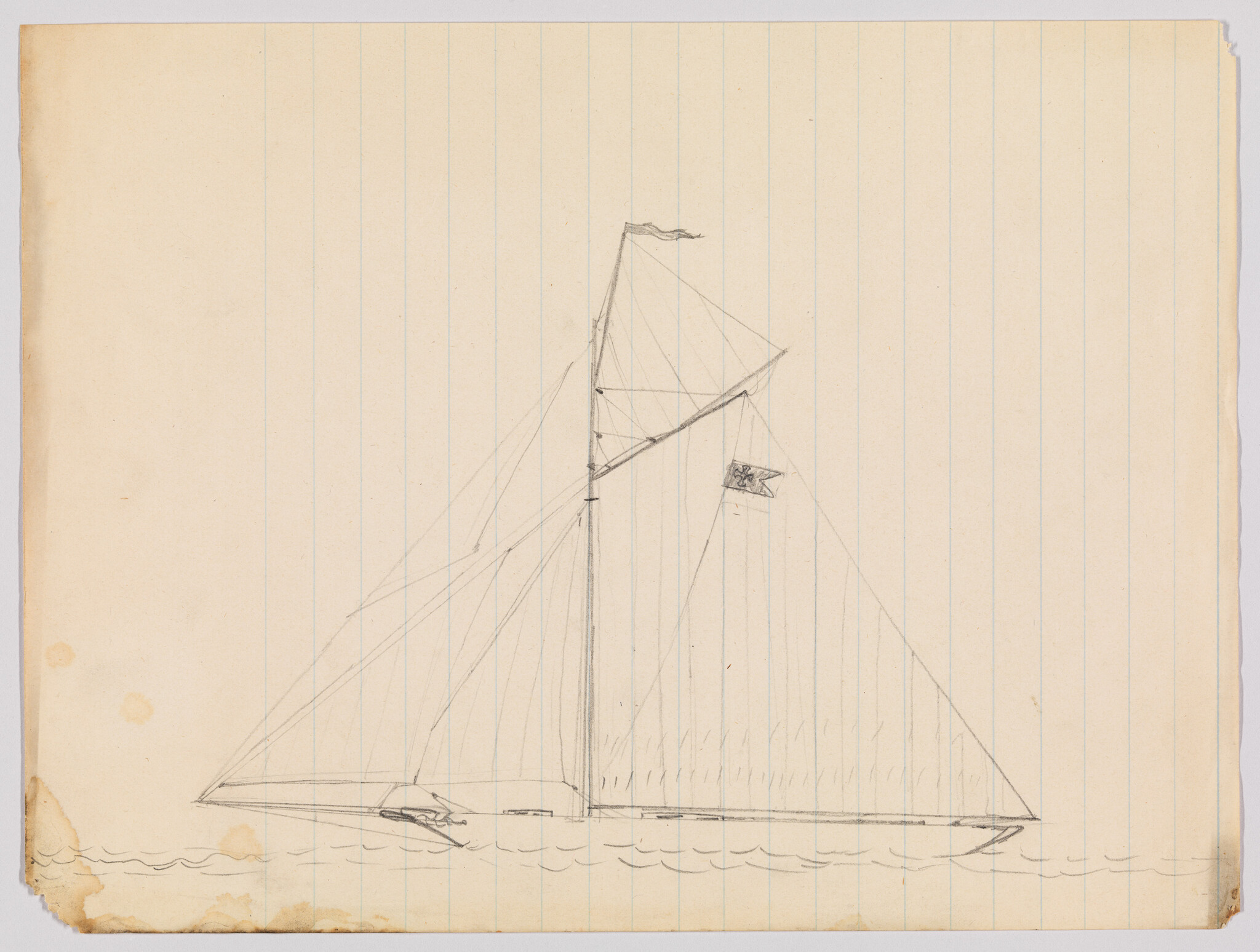 Pencil sketch of a single-masted sailboat with rigging and a small flag on lined paper.