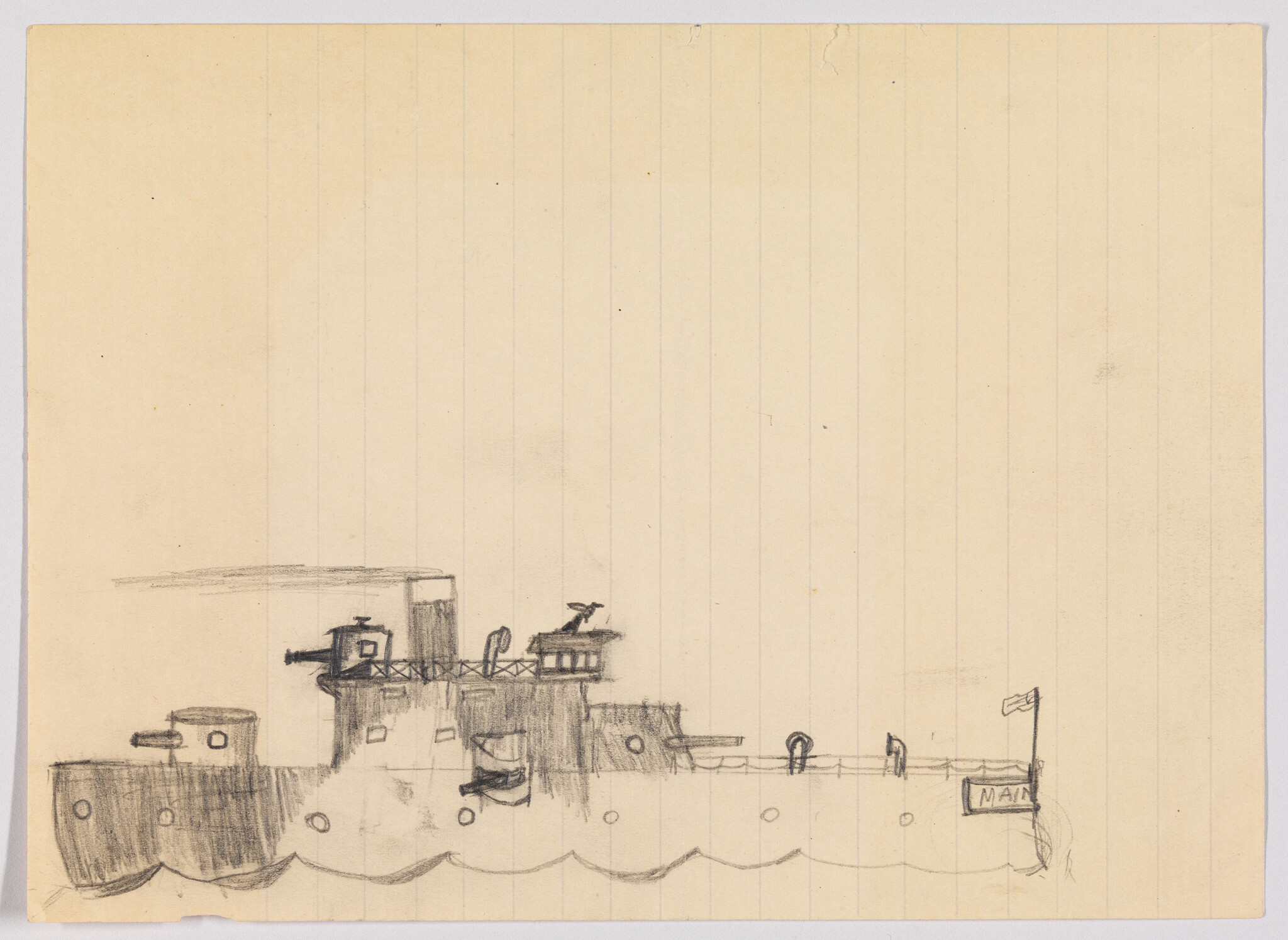 A pencil sketch of a small warship on the water with a flag at the stern.