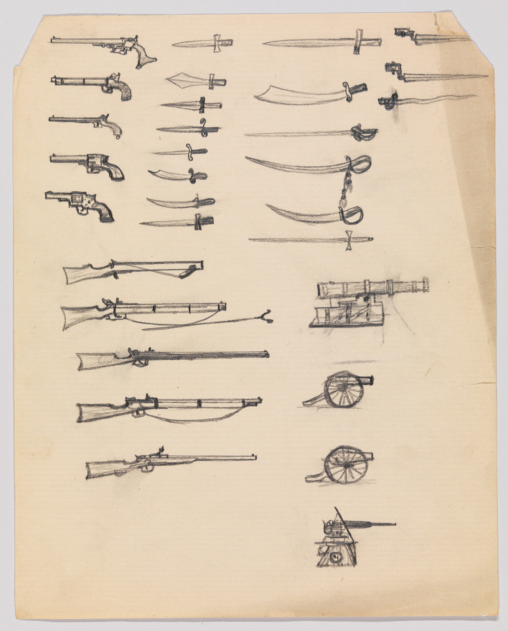 Series of pencil sketches showing pistols, rifles, swords, and small cannons on aged paper.