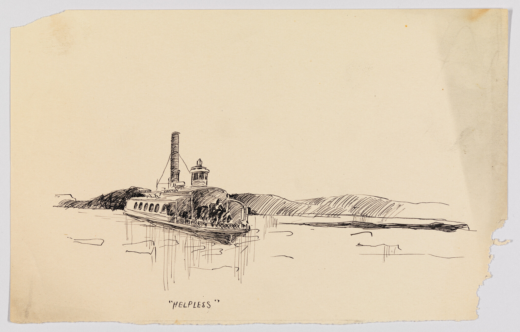 A sketched steamboat with a tall smokestack near the shoreline, titled "Helpless".