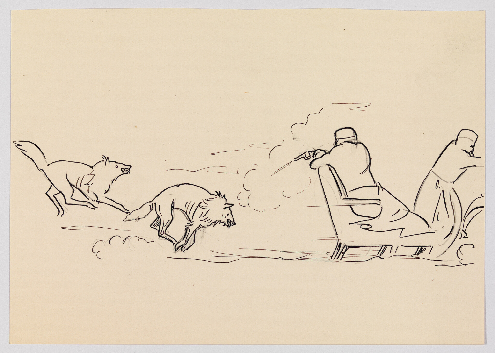 Two men in a carriage fire pistols at two wolves charging toward them.
