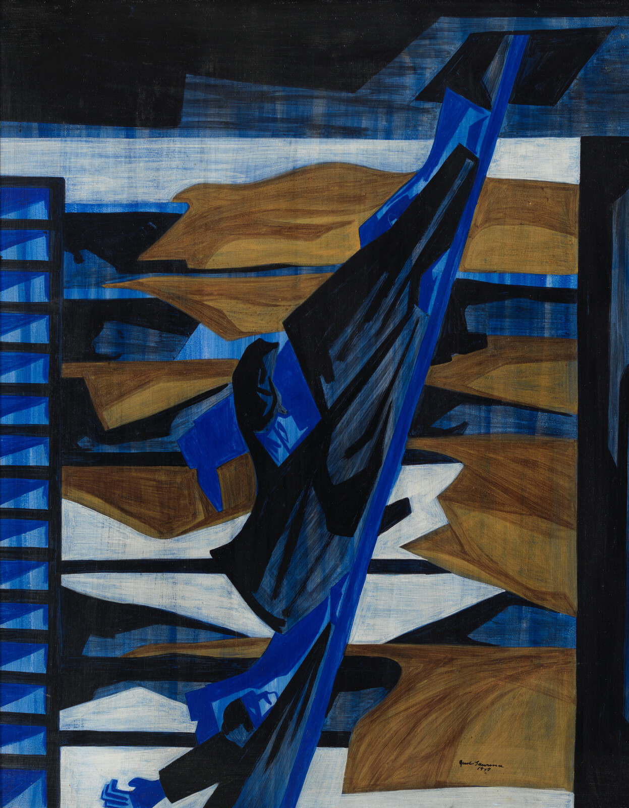 Abstract painting with blue and brown geometric shapes, featuring a dynamic, angular figure in motion.