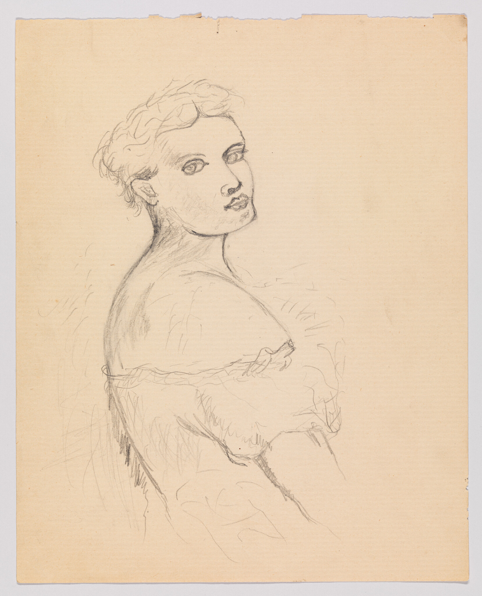 A pencil sketch of a woman looking over her shoulder in an off-the-shoulder dress.