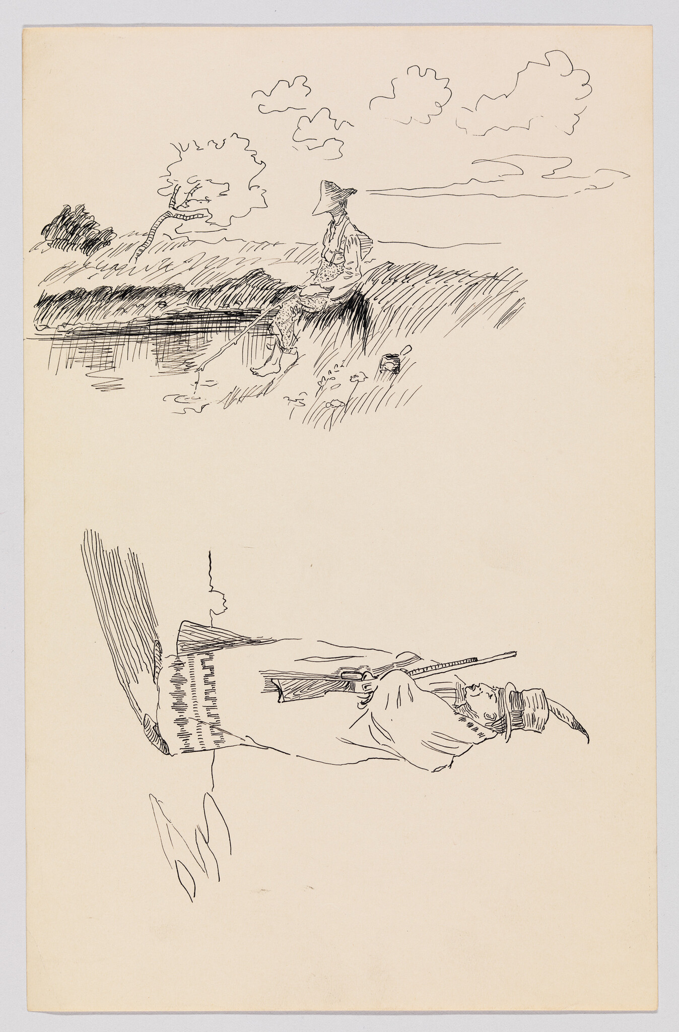 A sketch on tan paper featuring two scenes: the top sketch shows a person fishing by a riverbank with trees and clouds in the background, while the bottom sketch depicts a person lying down aiming a rifle, with details of the rifle's butt and the person's hands visible. Both sketches are done in a loose, expressive line style.
