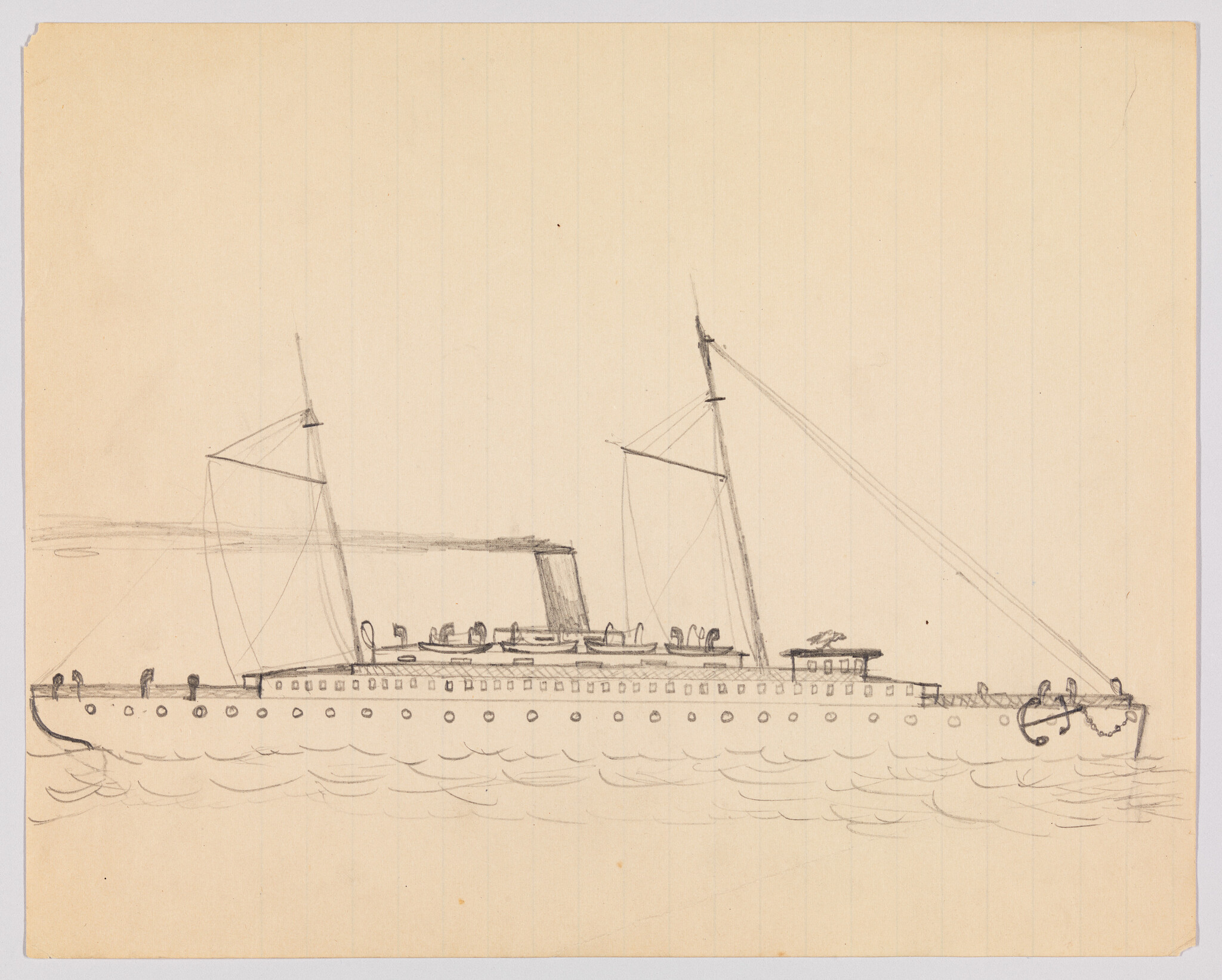 Pencil sketch of a long passenger steamship with two masts, a smokestack, lifeboats, and anchor.