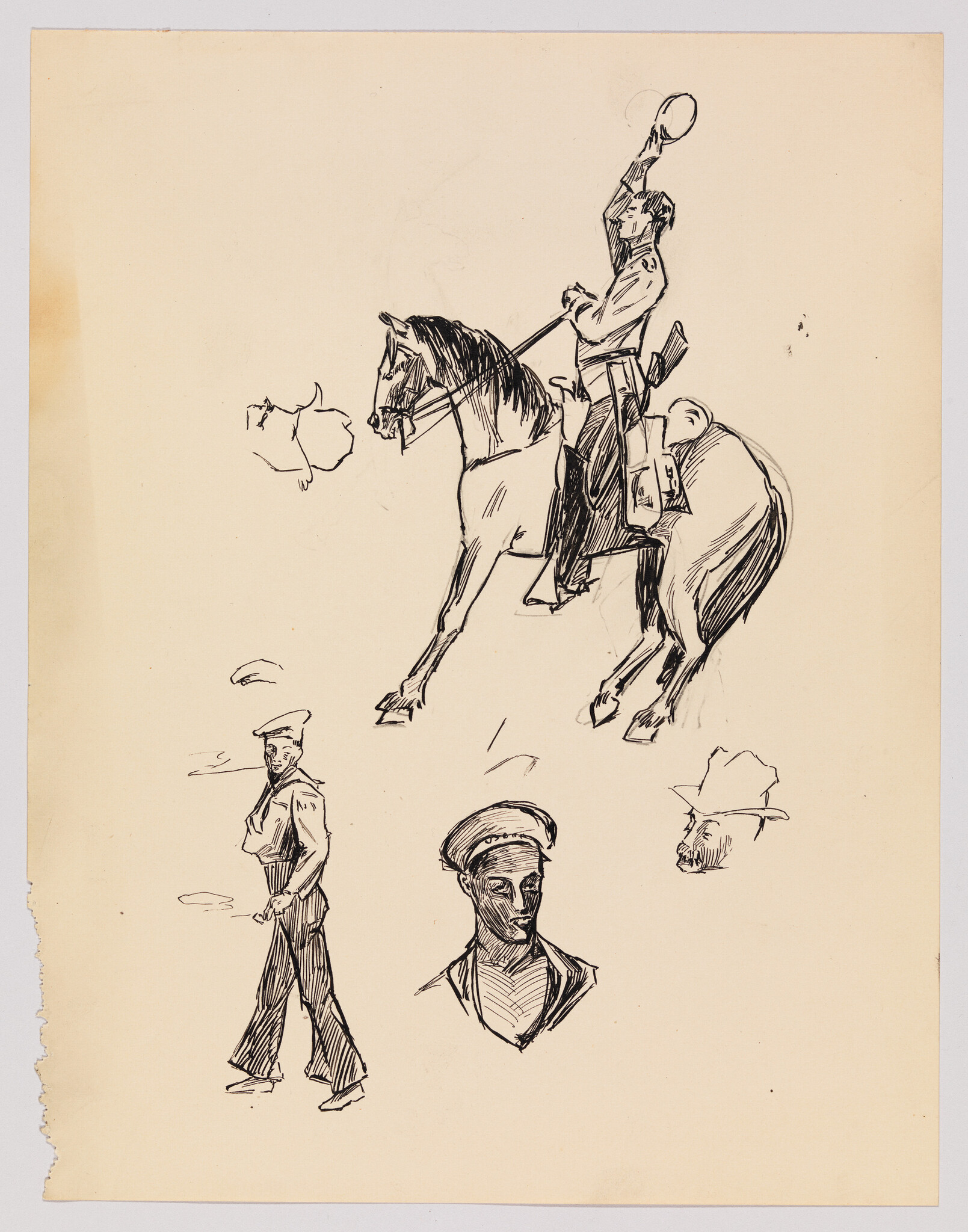 A sketch shows a soldier on horseback raising his hat, with smaller sailor and head studies.