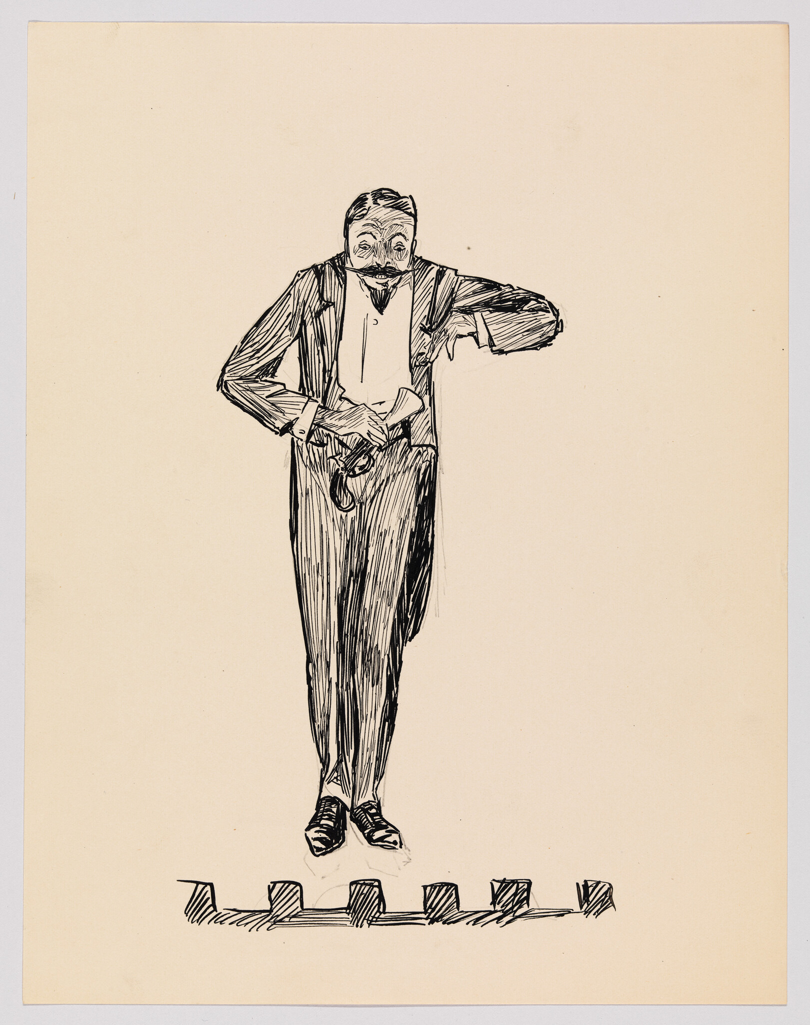 A formally dressed man bows on stage holding a top hat over a row of blocks.