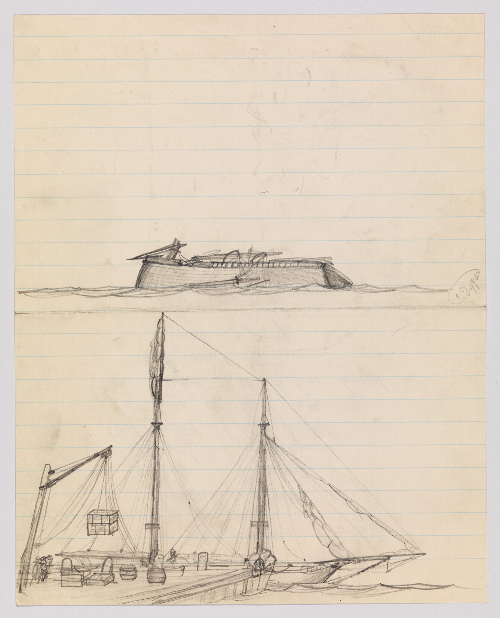 A two-masted schooner tied to a pier while workers load cargo with a crane.