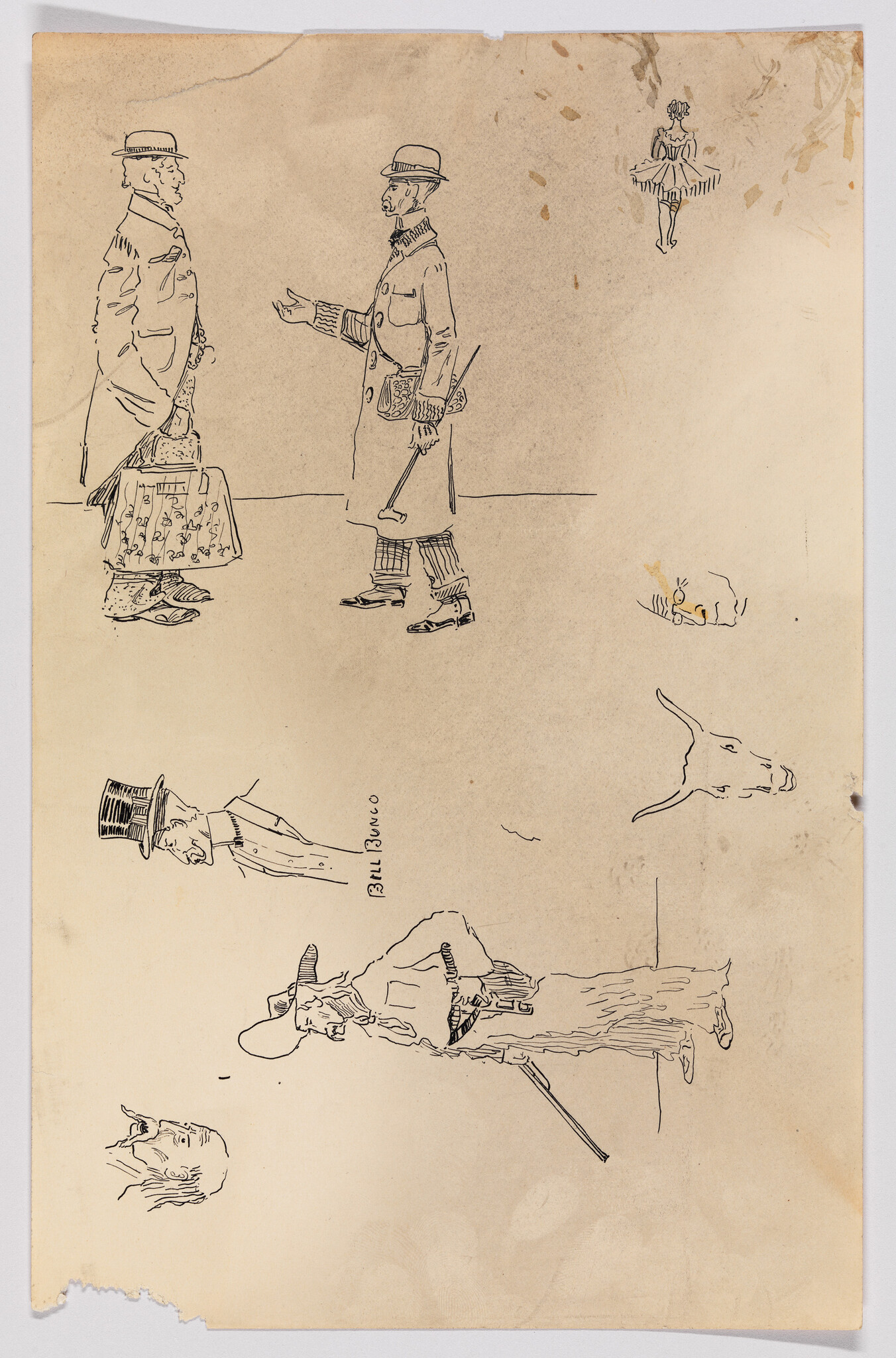 Several pen sketches show men in hats conversing and standing, with a small dancer and animal head.