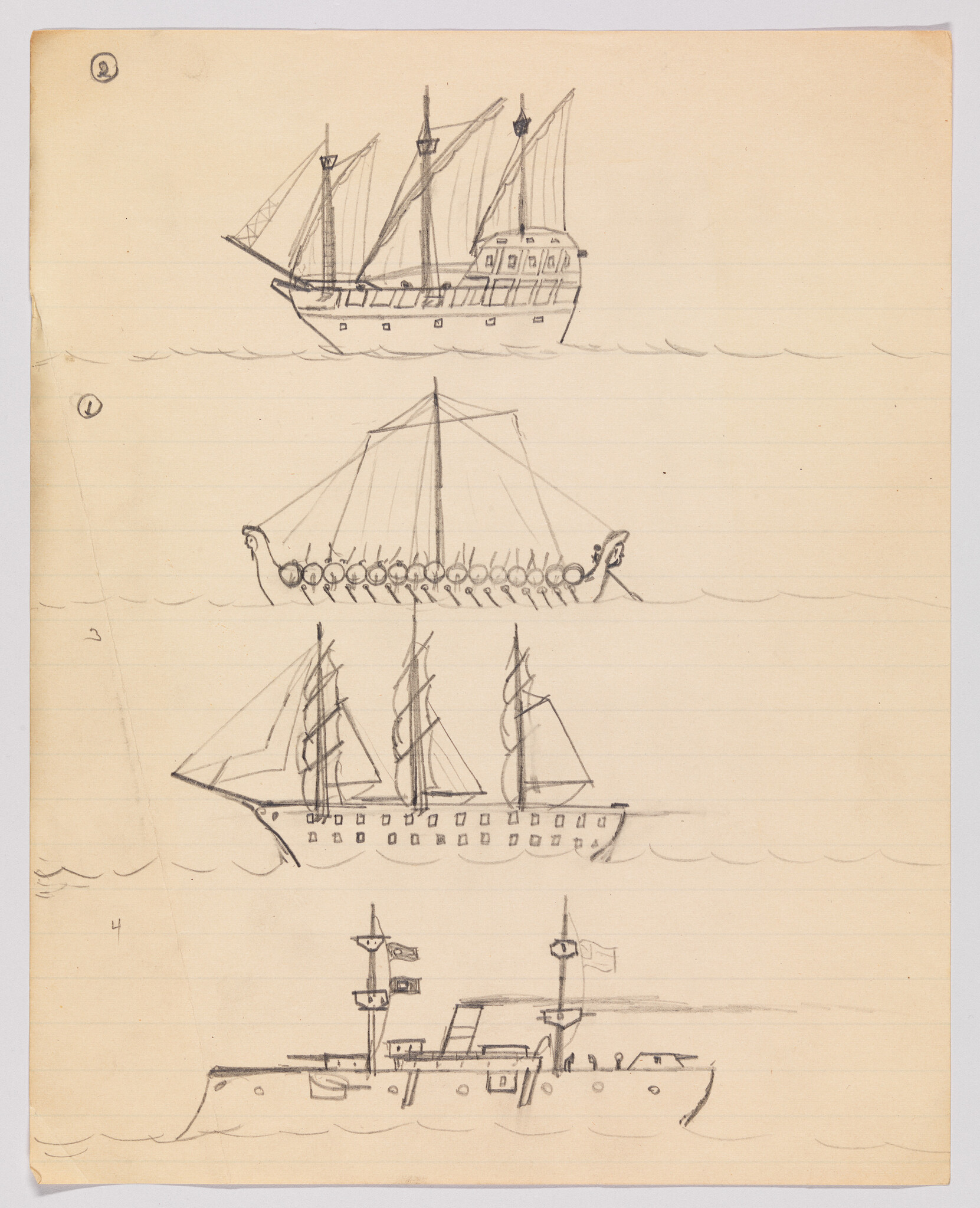 Four pencil sketches show different types of sailing and steam ships on lined paper.