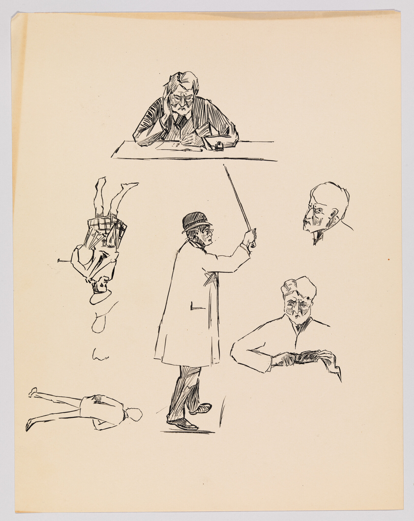A series of ink sketches showing a man in a coat pointing with a cane among other portrait studies.