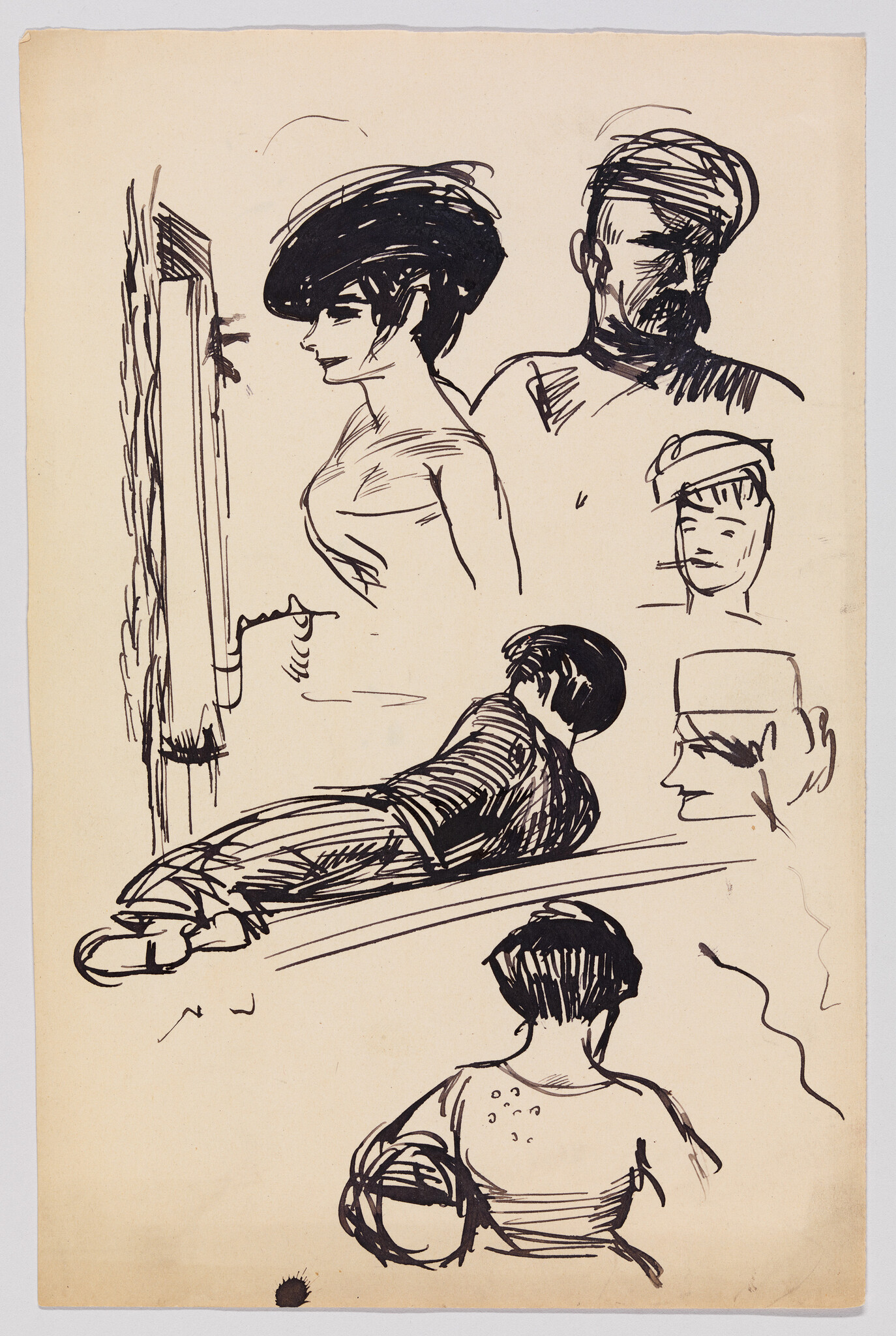 Several quick ink sketches showing a woman in a wide hat, reclining figure, and men's head studies.