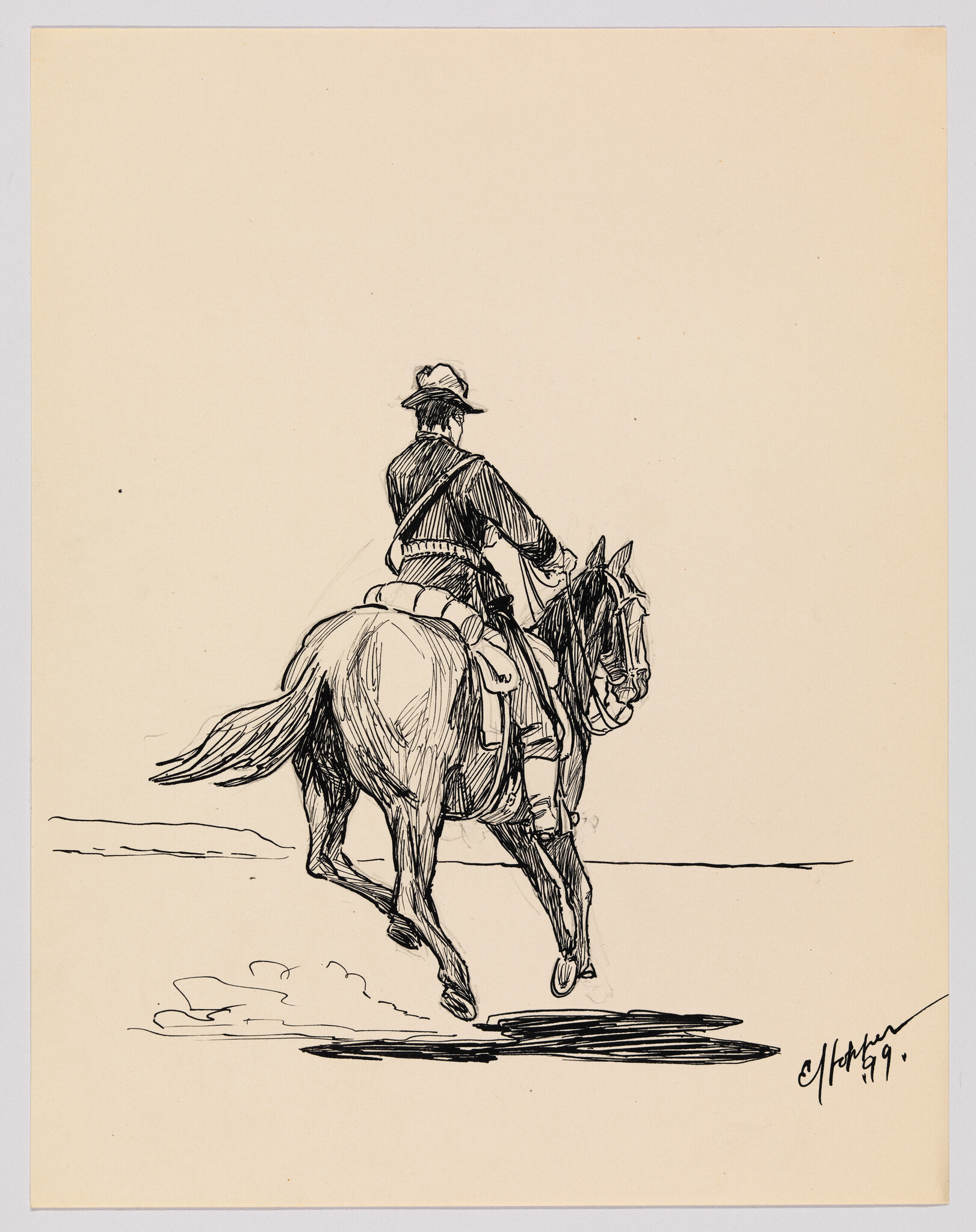 Ink sketch of a person riding a horse, viewed from the side. The rider, wearing a hat and a jacket, is seated in the saddle, looking ahead. The horse is captured mid-stride, with details emphasizing its musculature and movement. The background is minimal, with a few lines suggesting a horizon and clouds, on a paper with a warm tone. The artist's signature and the year '59 are visible in the lower right corner.