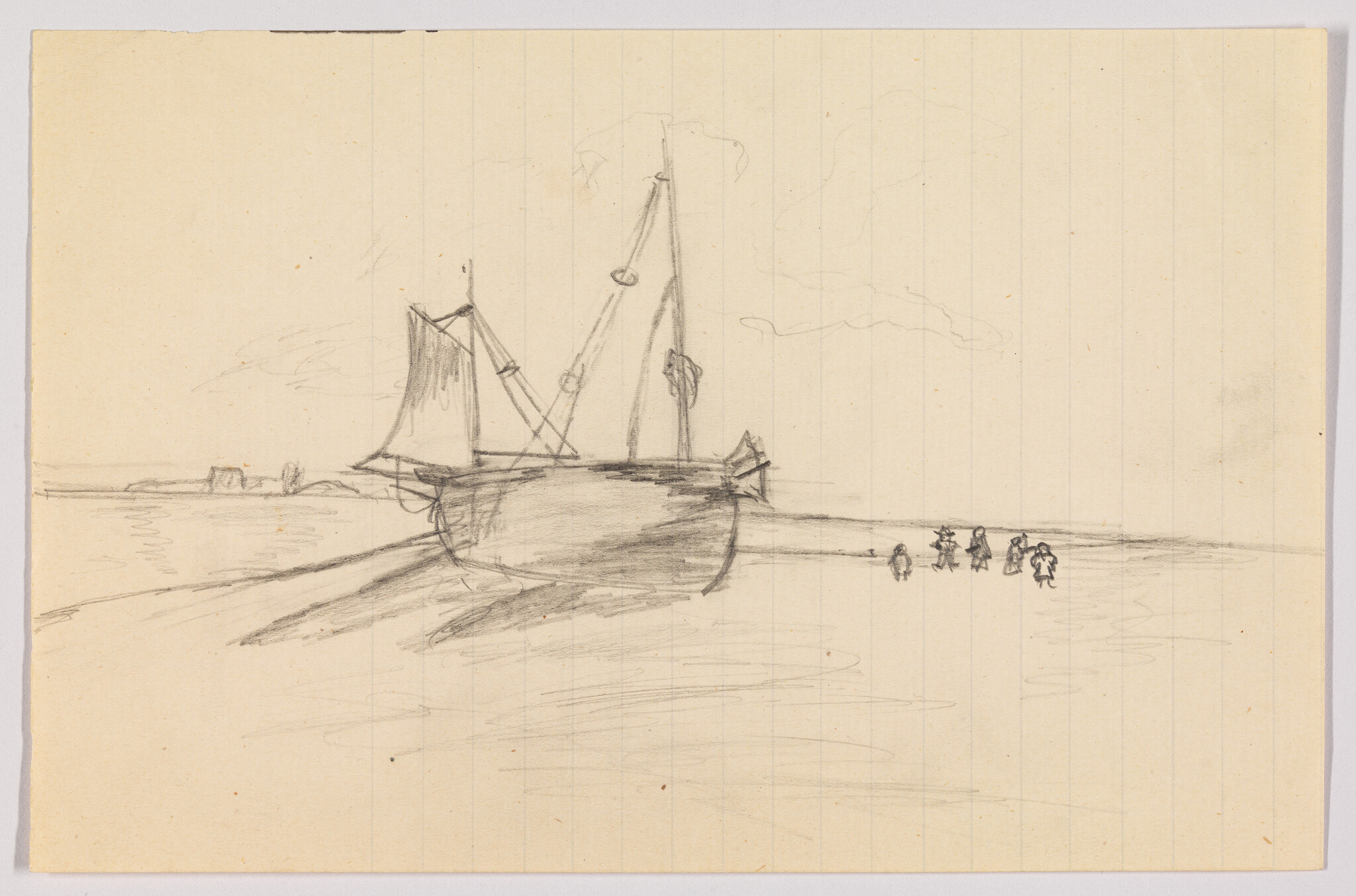 A beached sailboat rests on the shore while a small group of people walks nearby.