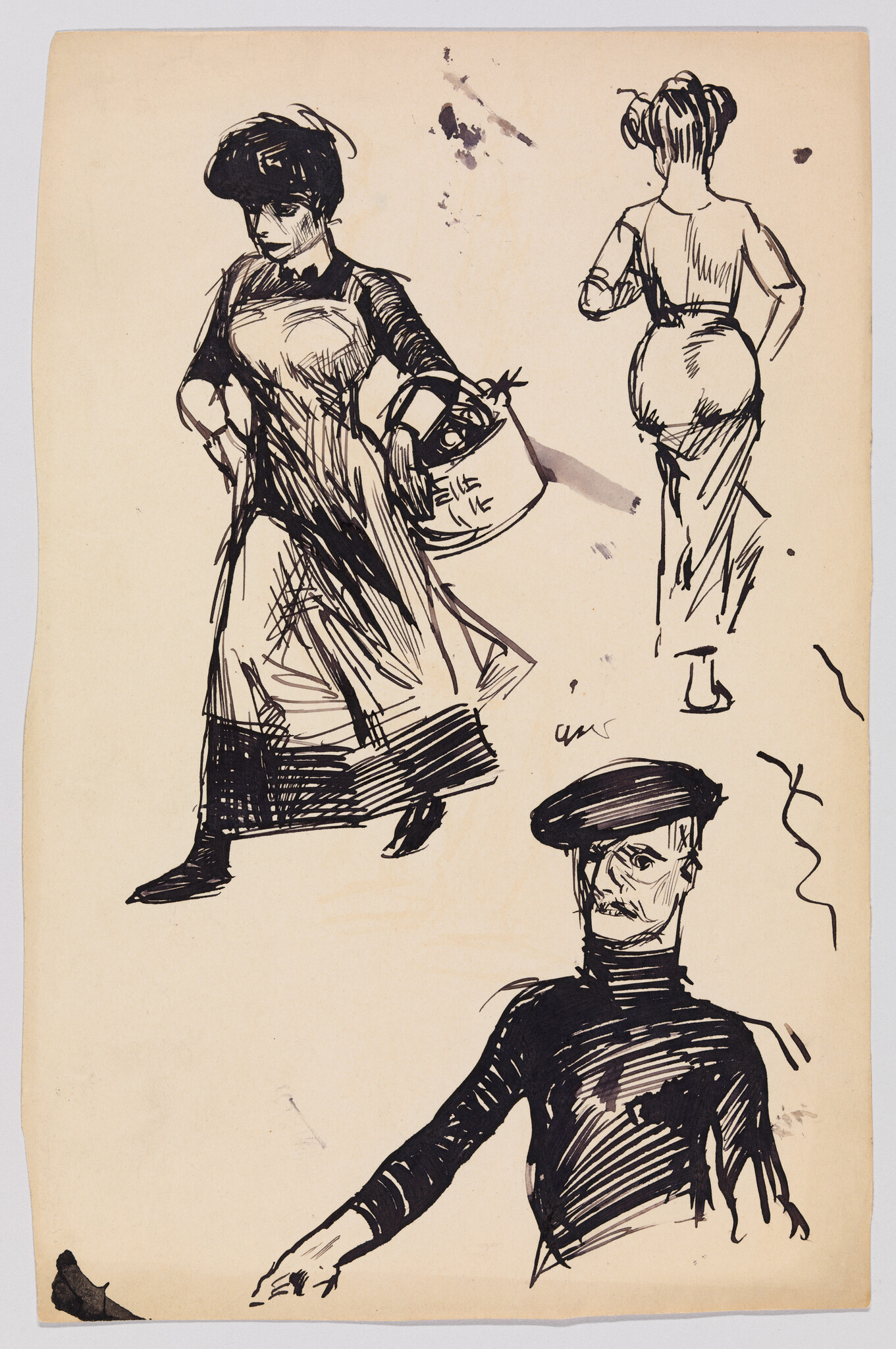 A woman in a dress and apron strides forward carrying a bucket, with additional character sketches.