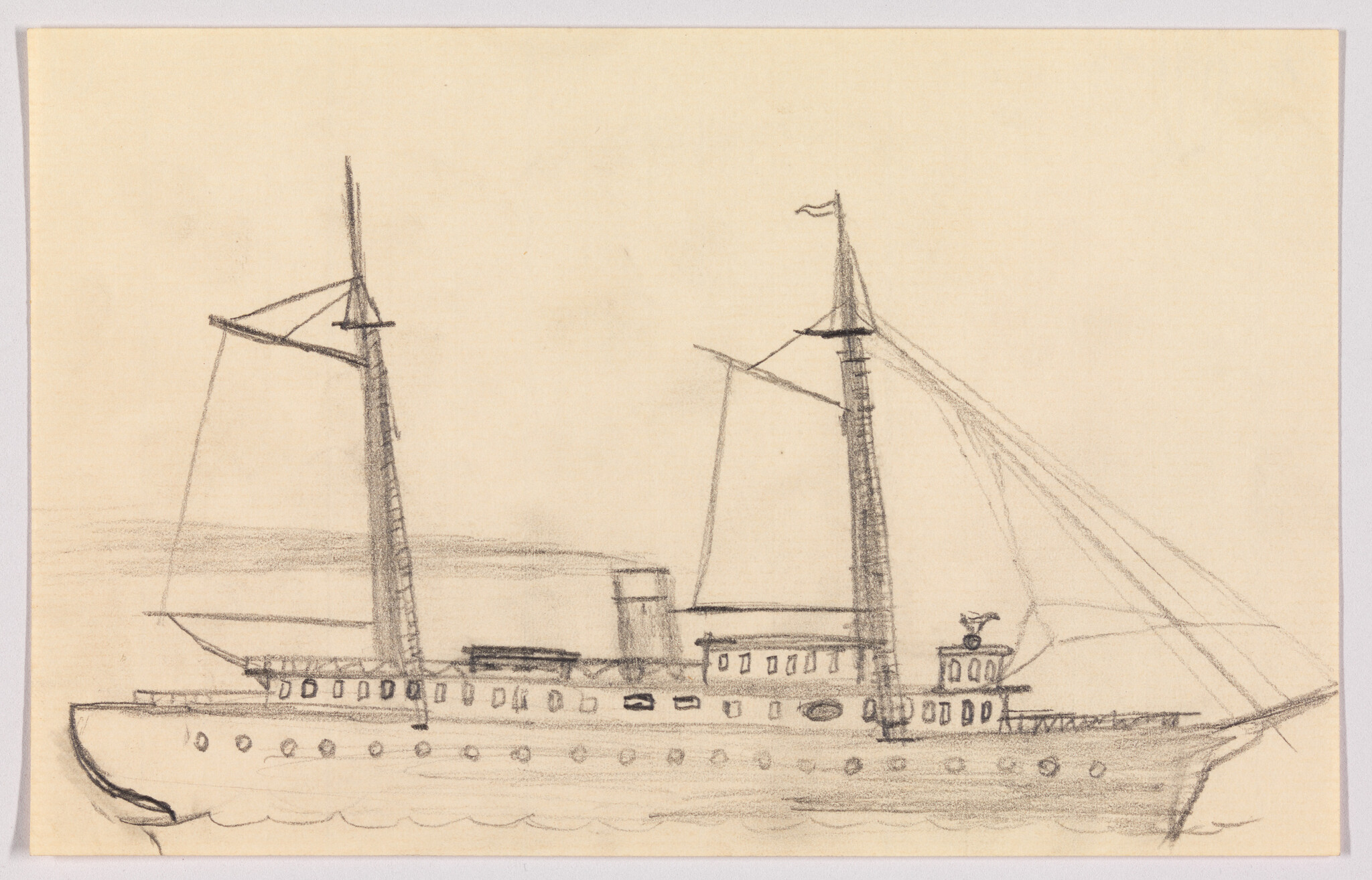 A pencil sketch of a two-masted steamship with a central smokestack and rigging.