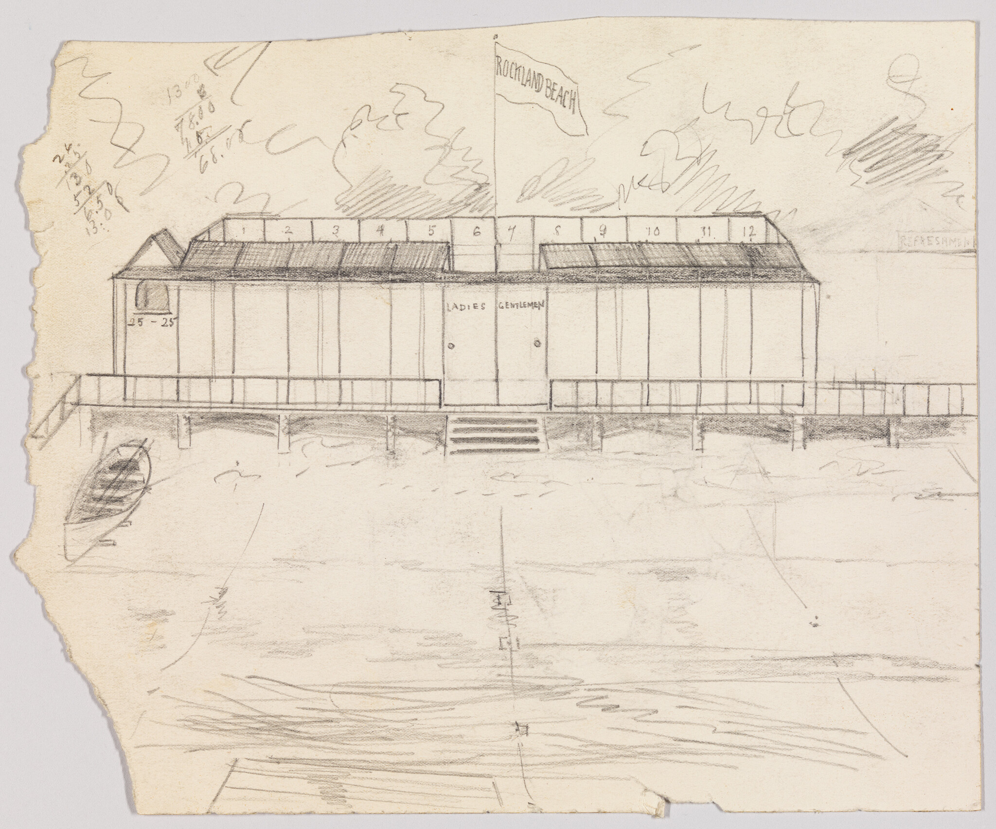 Wooden bathhouse on a pier with labeled ladies and gentlemen doors and a Rockland Beach flag.