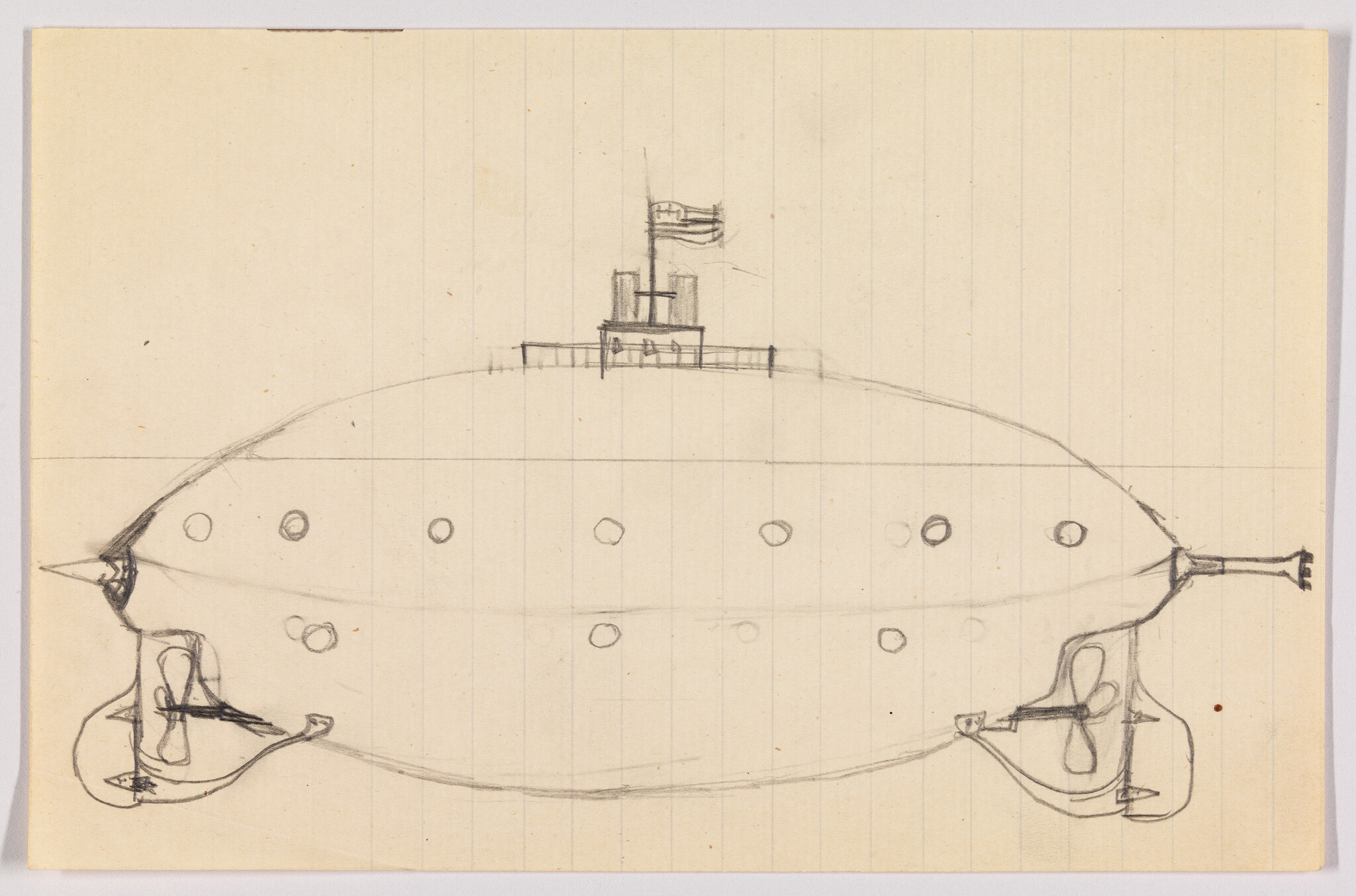 A pencil sketch of a large airship with portholes, rear propellers, and a small flag on top.