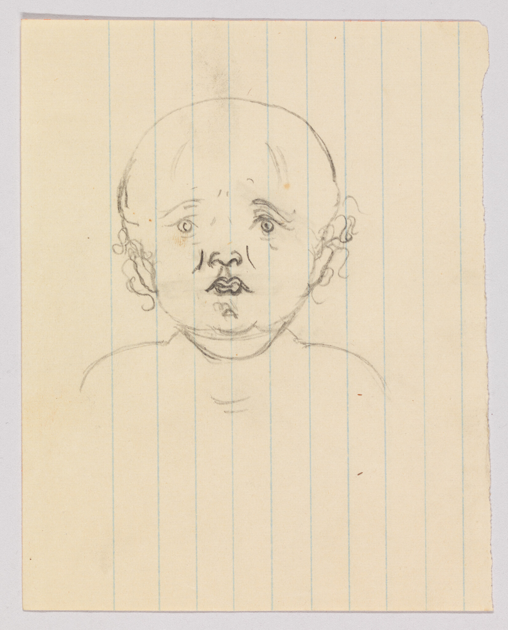 Pencil sketch of a surprised-looking child's face on lined notebook paper.