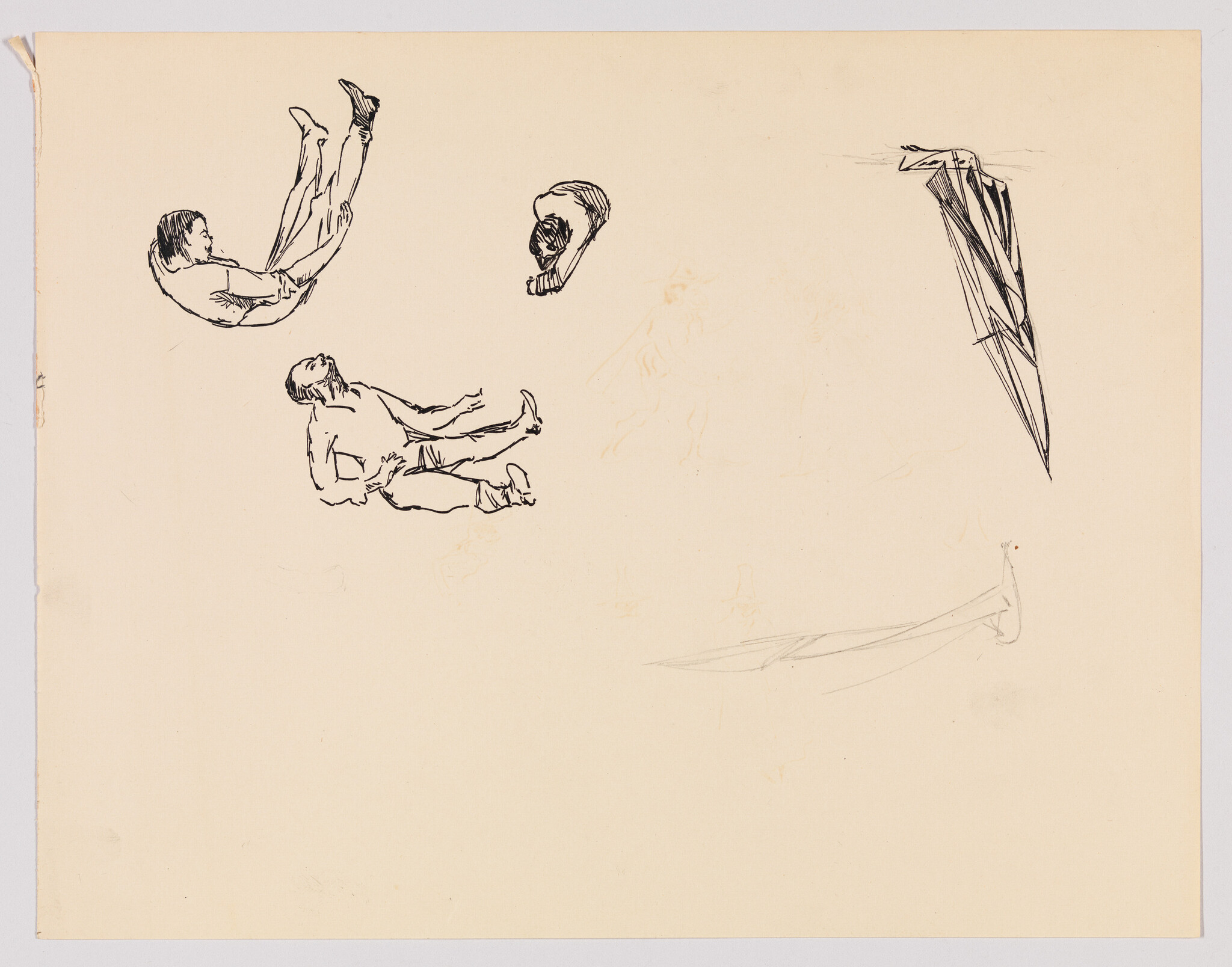 Ink sketches of two reclining or falling male figures and a small head on blank paper.