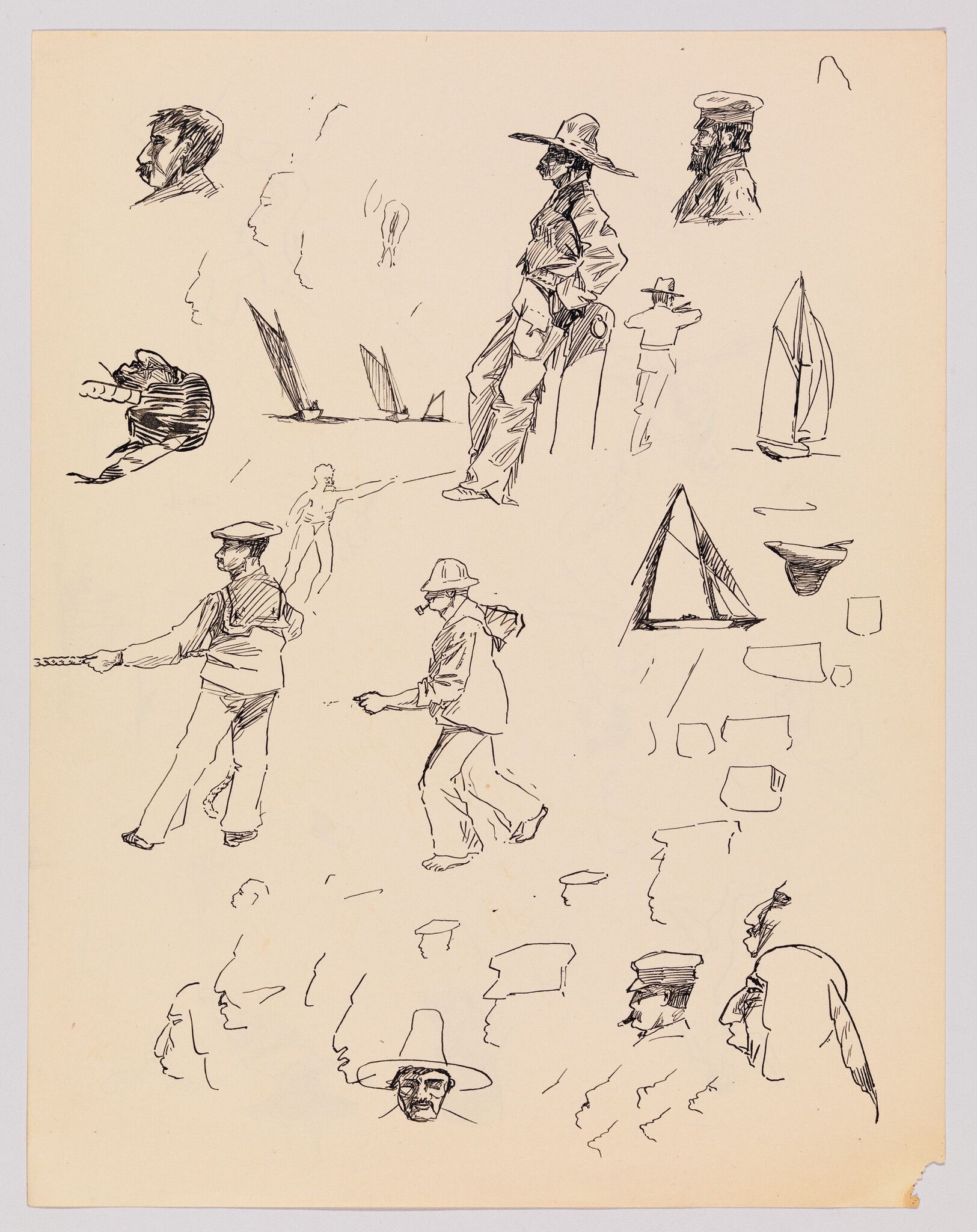 Several quick ink sketches of sailors standing, walking, pulling a rope, and small sailboats.