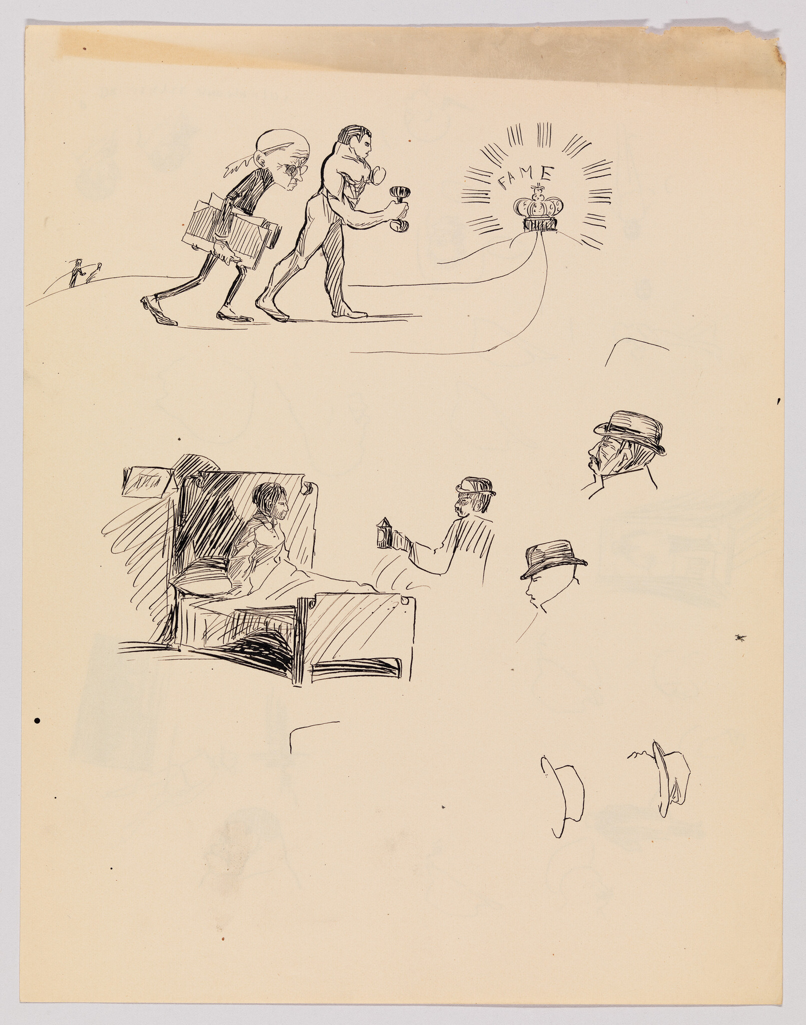 Two figures march toward a shining crown labeled FAME while other sketches show a bedside scene and hat studies.