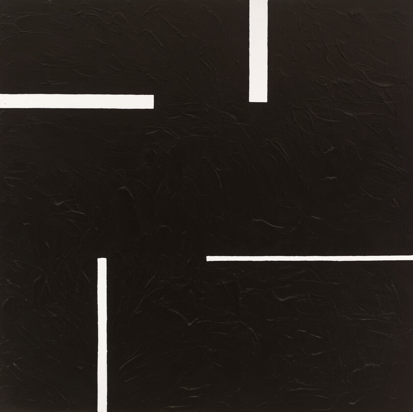 Four short white bars positioned near the edges on a textured black background.