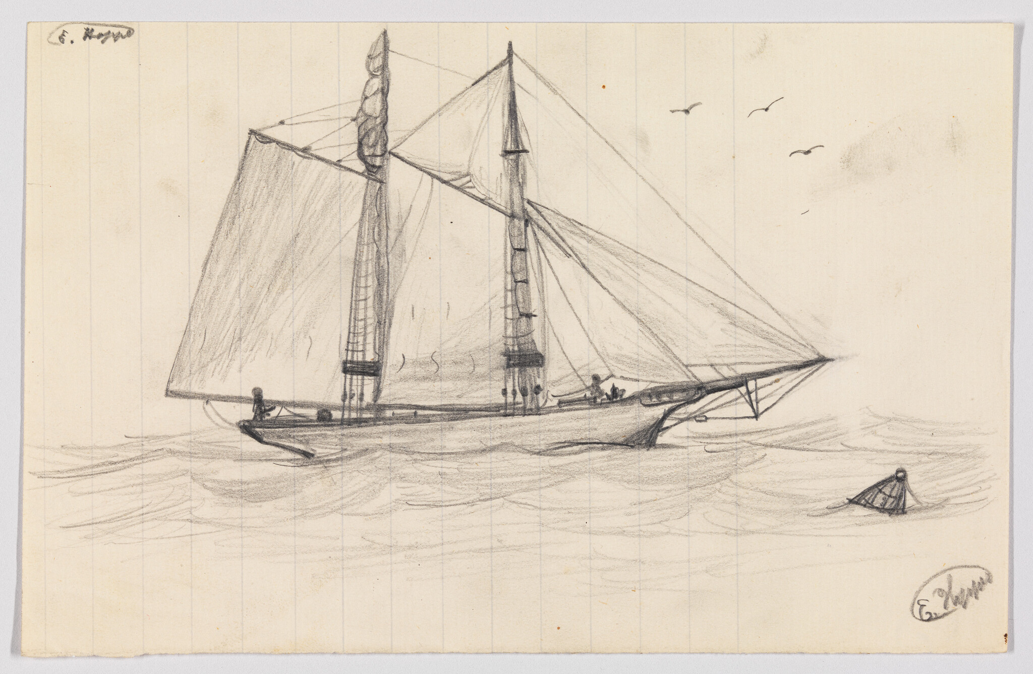 Pencil sketch of a two-masted sailing ship gliding on calm waters with distant birds.