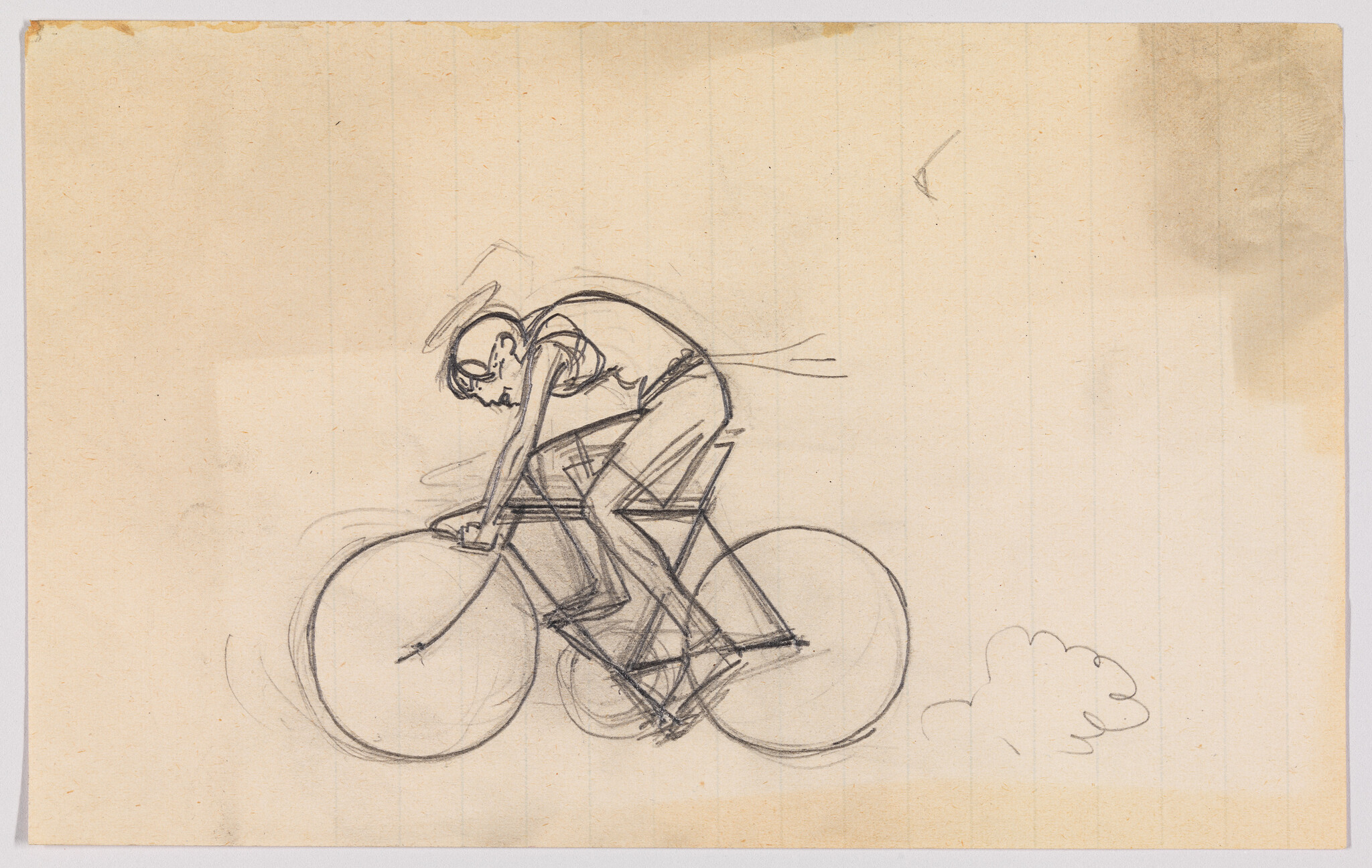 Sketch of a character riding a bicycle at speed, with motion lines indicating movement and a small cloud of dust at the rear wheel, on a background of aged paper.