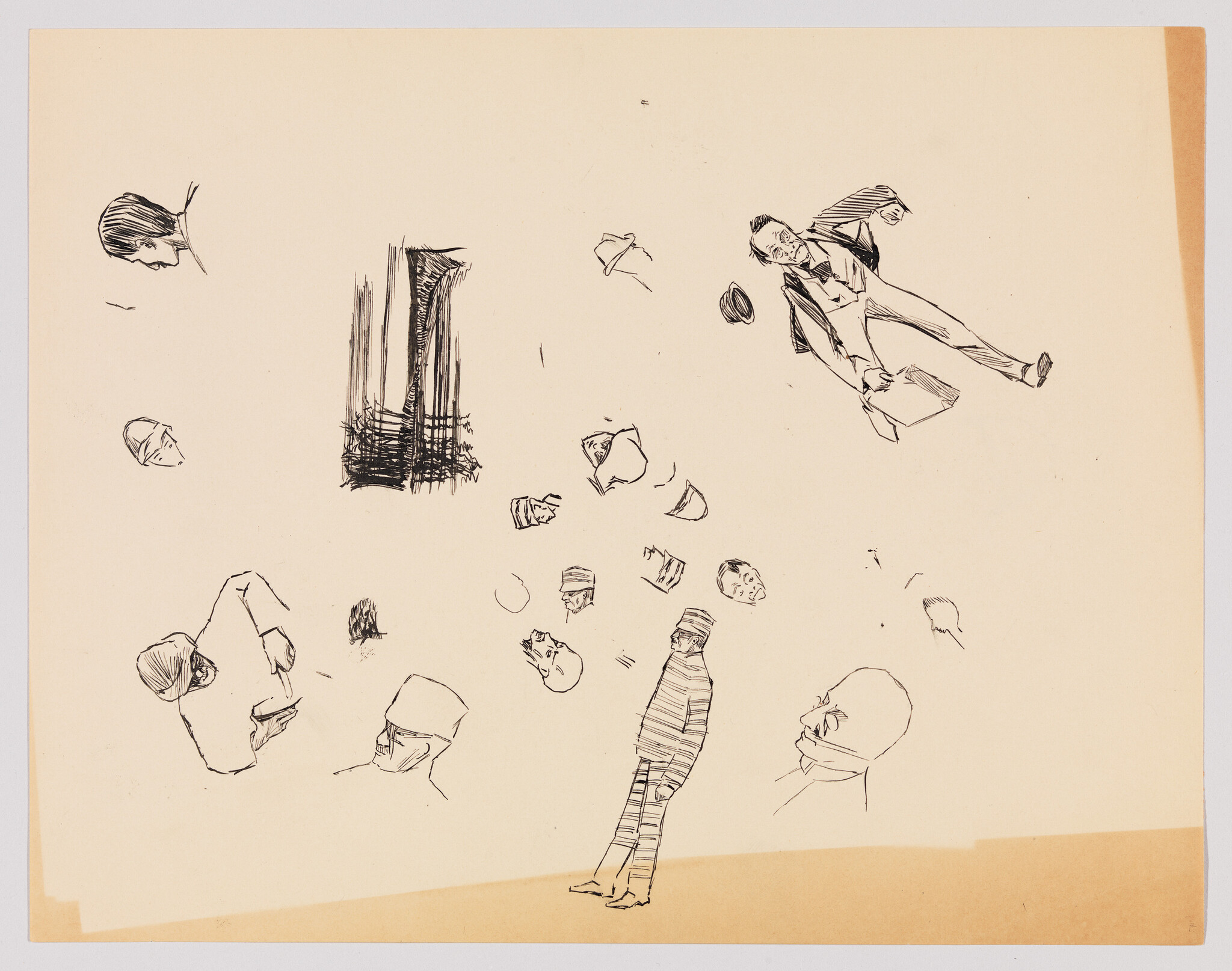 Multiple quick ink sketches of men and heads, including a standing striped-suit figure and a leaning man with a briefcase.