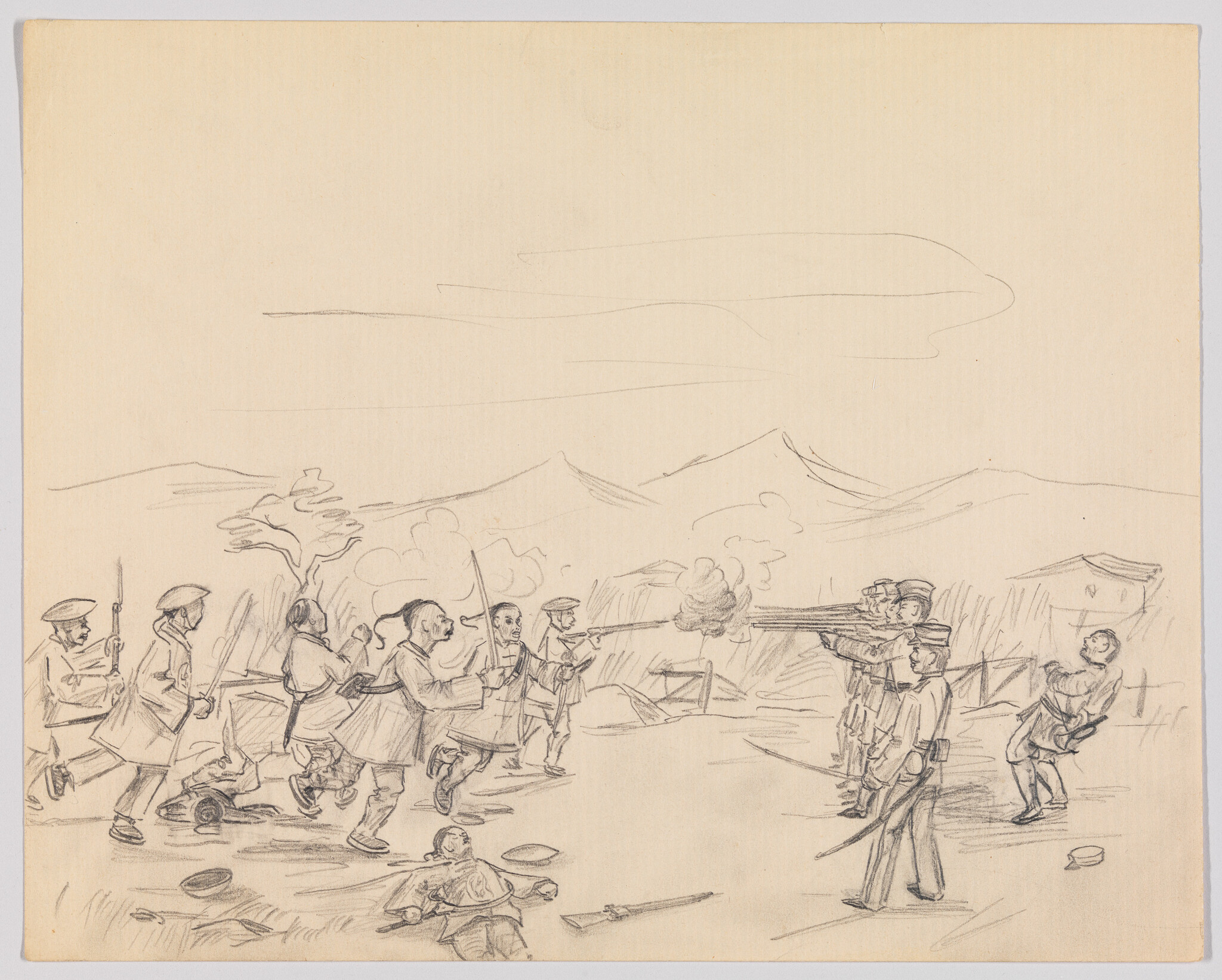 A pencil sketch shows soldiers firing rifles at a charging group of bayonet-wielding men.