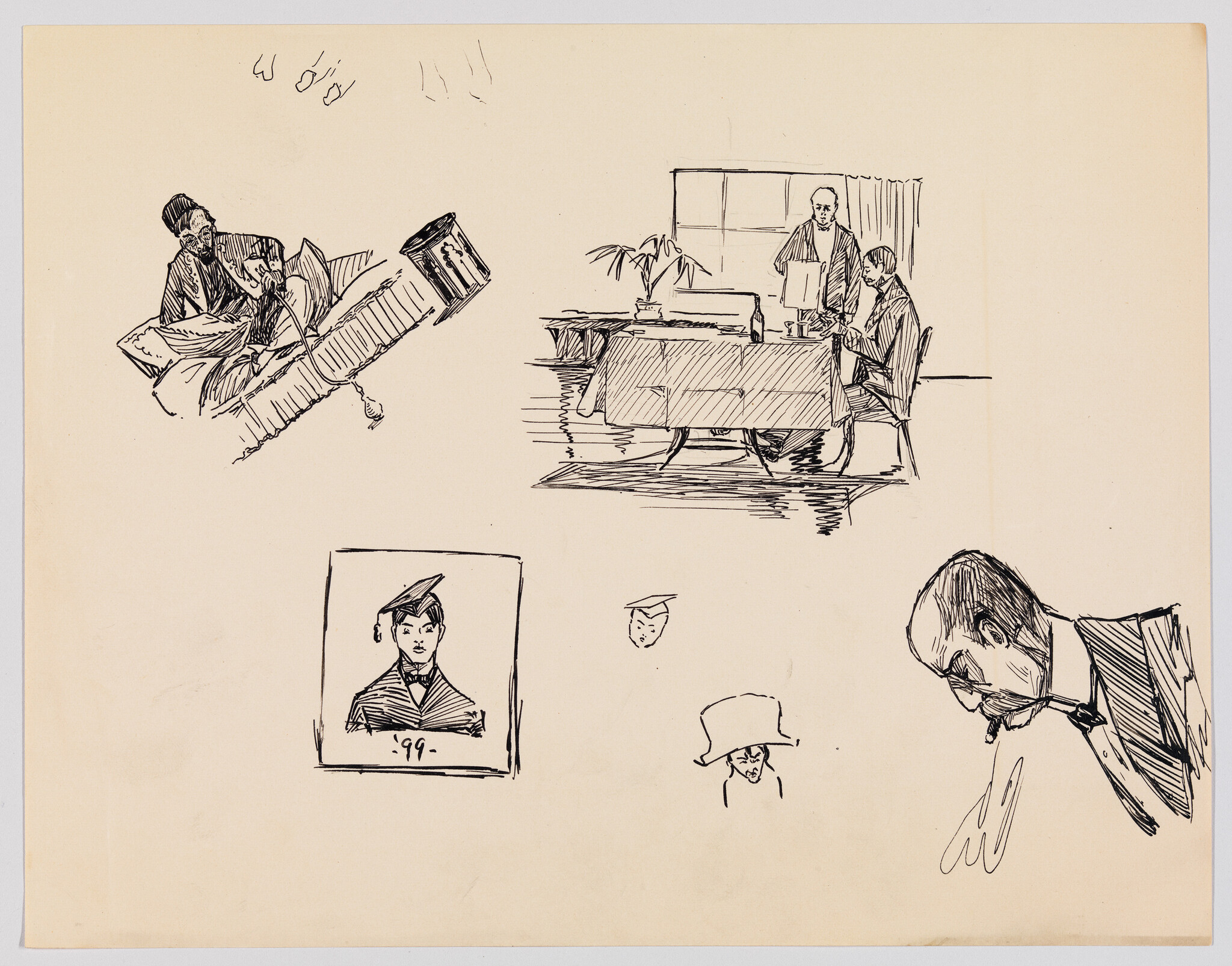 Several ink sketches of men in different scenes, including a dining table, reclining figure, and graduation portrait.