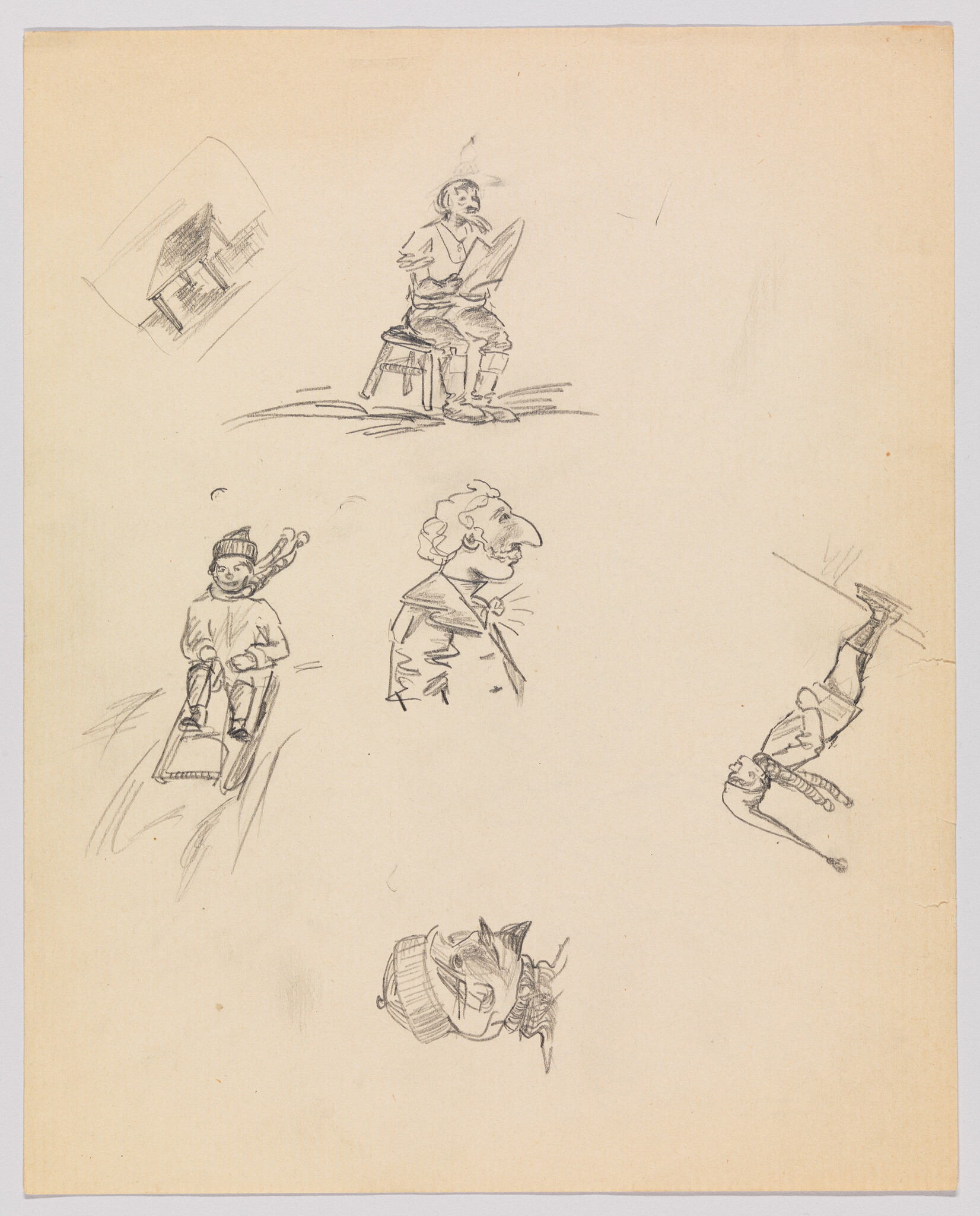 Several small pencil sketches show people in different poses, including a child sledding and a seated reader.