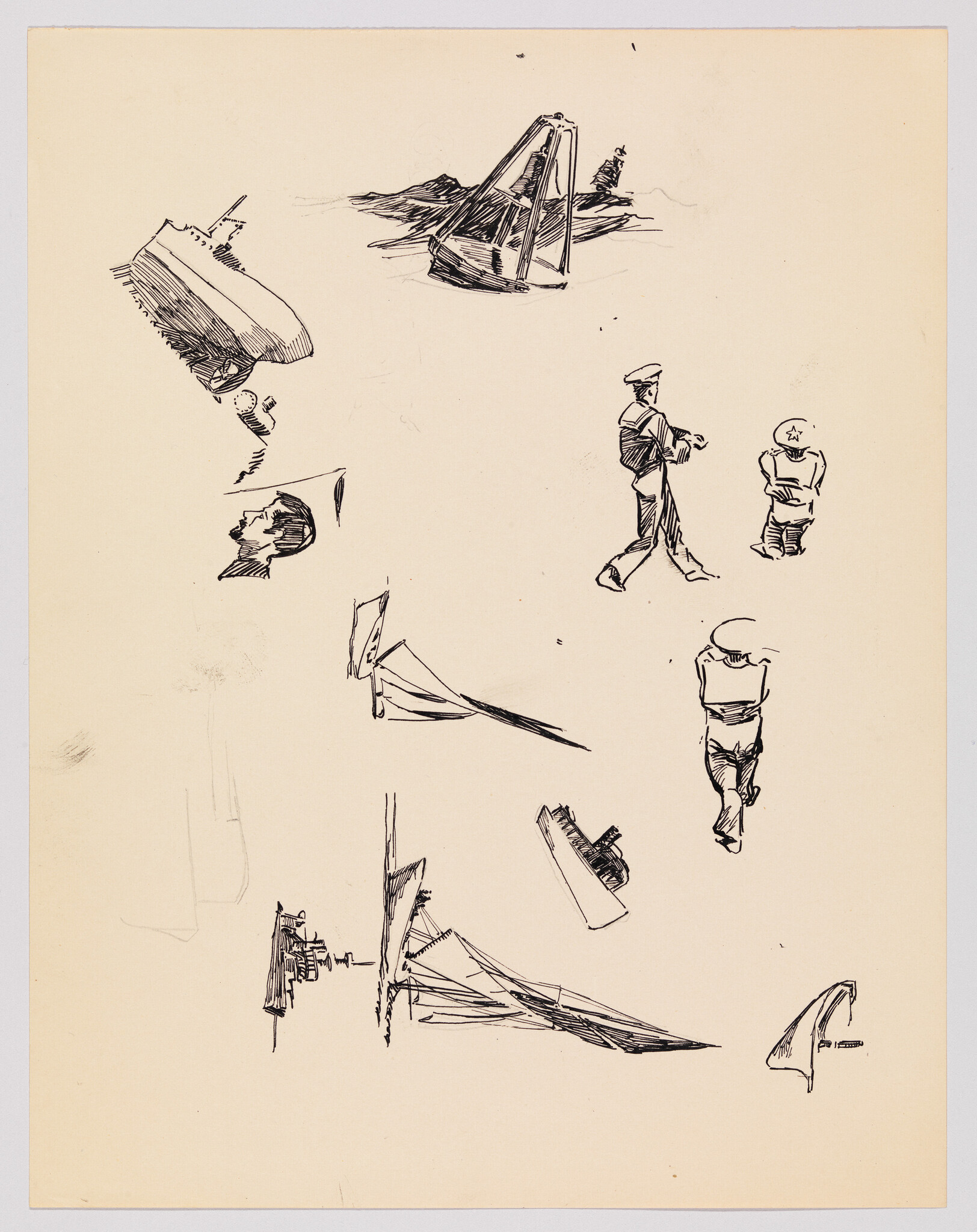 Loose ink sketches of sailors walking and various small boats and ship parts on paper.