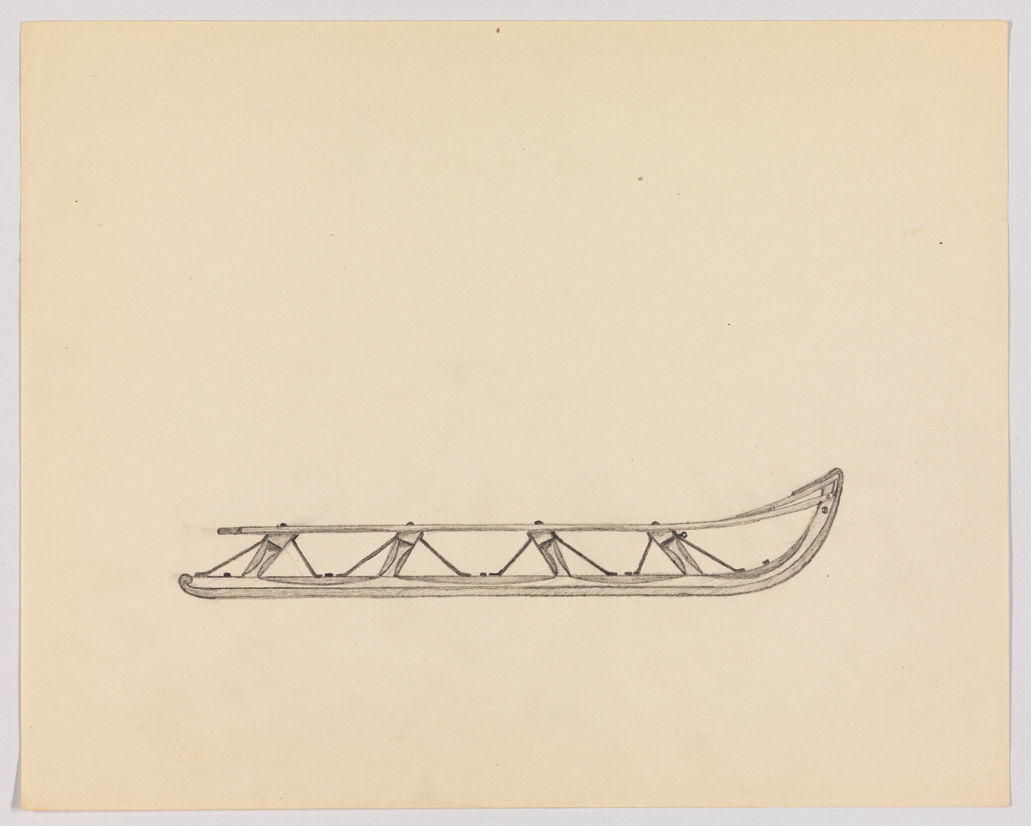 Long wooden sled frame with triangular braces drawn in pencil on blank paper.