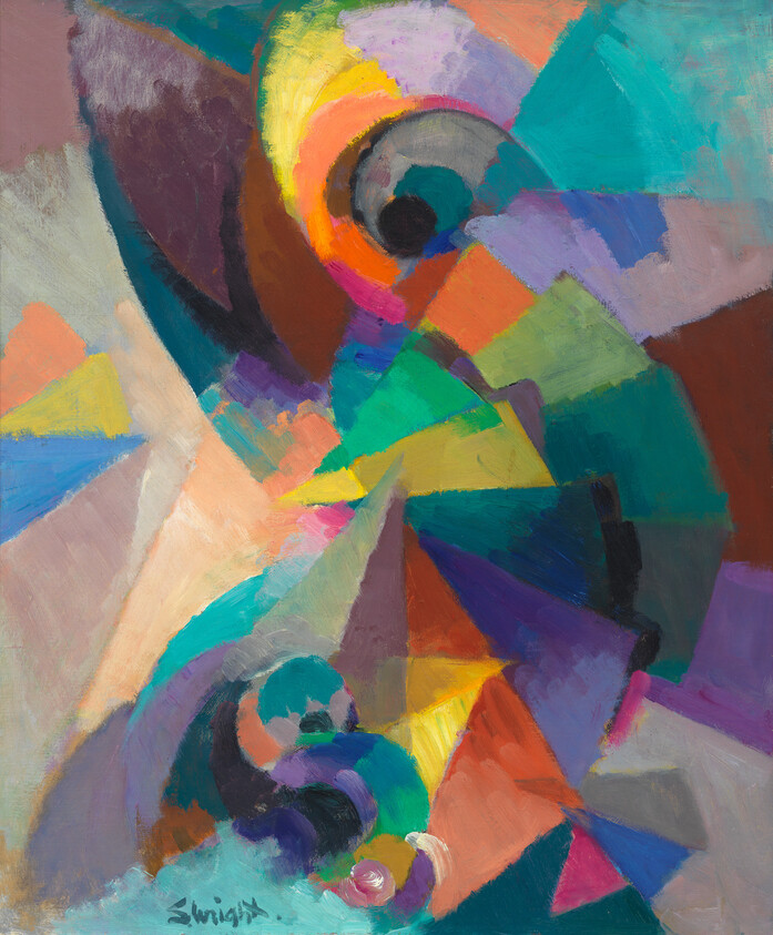 A vibrant abstract painting featuring a dynamic composition of swirling colors and geometric shapes. The central area showcases a spiral of yellow, orange, and green, surrounded by a mosaic of triangles, rectangles, and curved forms in shades of purple, blue, pink, and brown. The brushwork is expressive and textured, and the artist's signature is visible in the lower right corner.