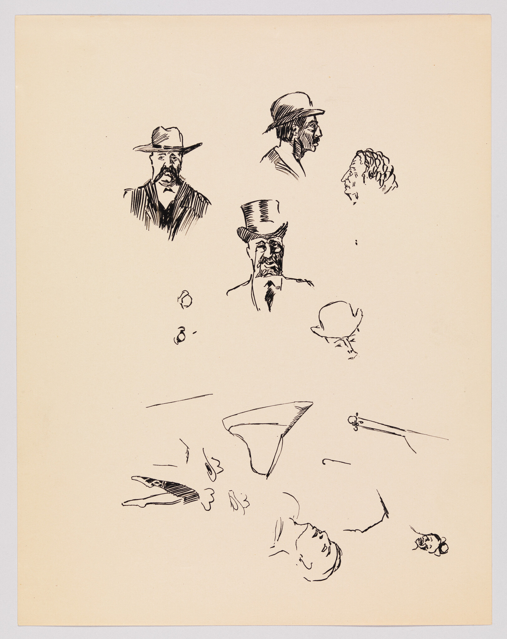 Several ink sketches of men’s heads wearing different hats and a few scattered doodle studies.