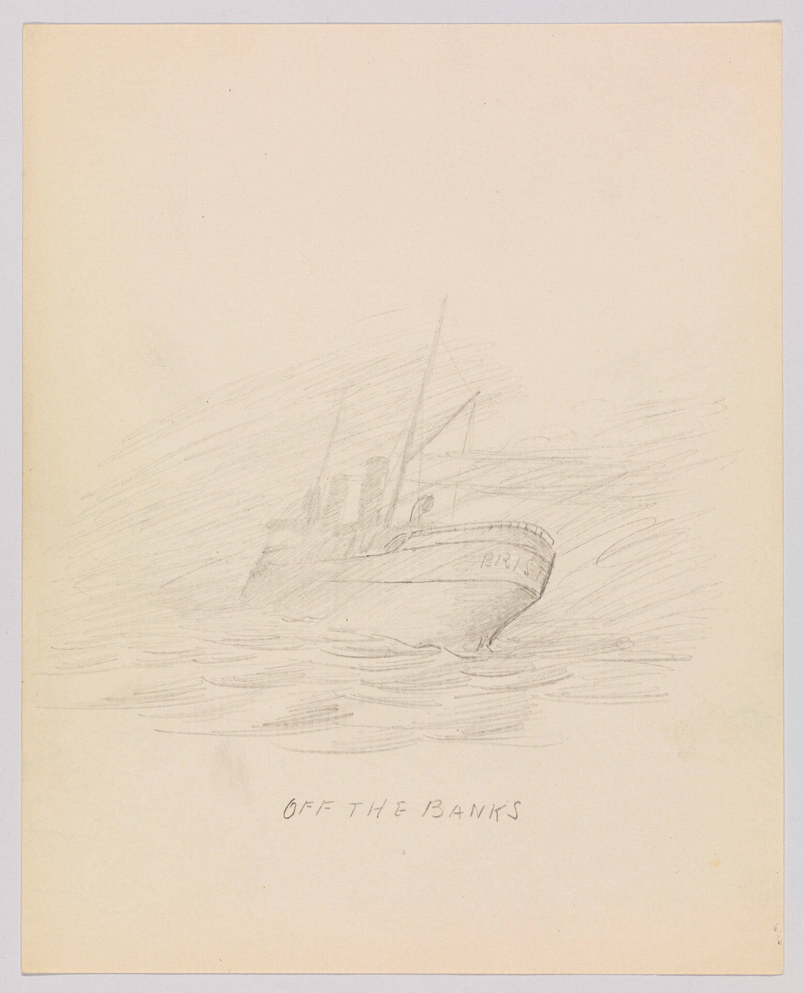 A pencil sketch shows a small ship sailing through rough seas with the caption "Off the Banks."