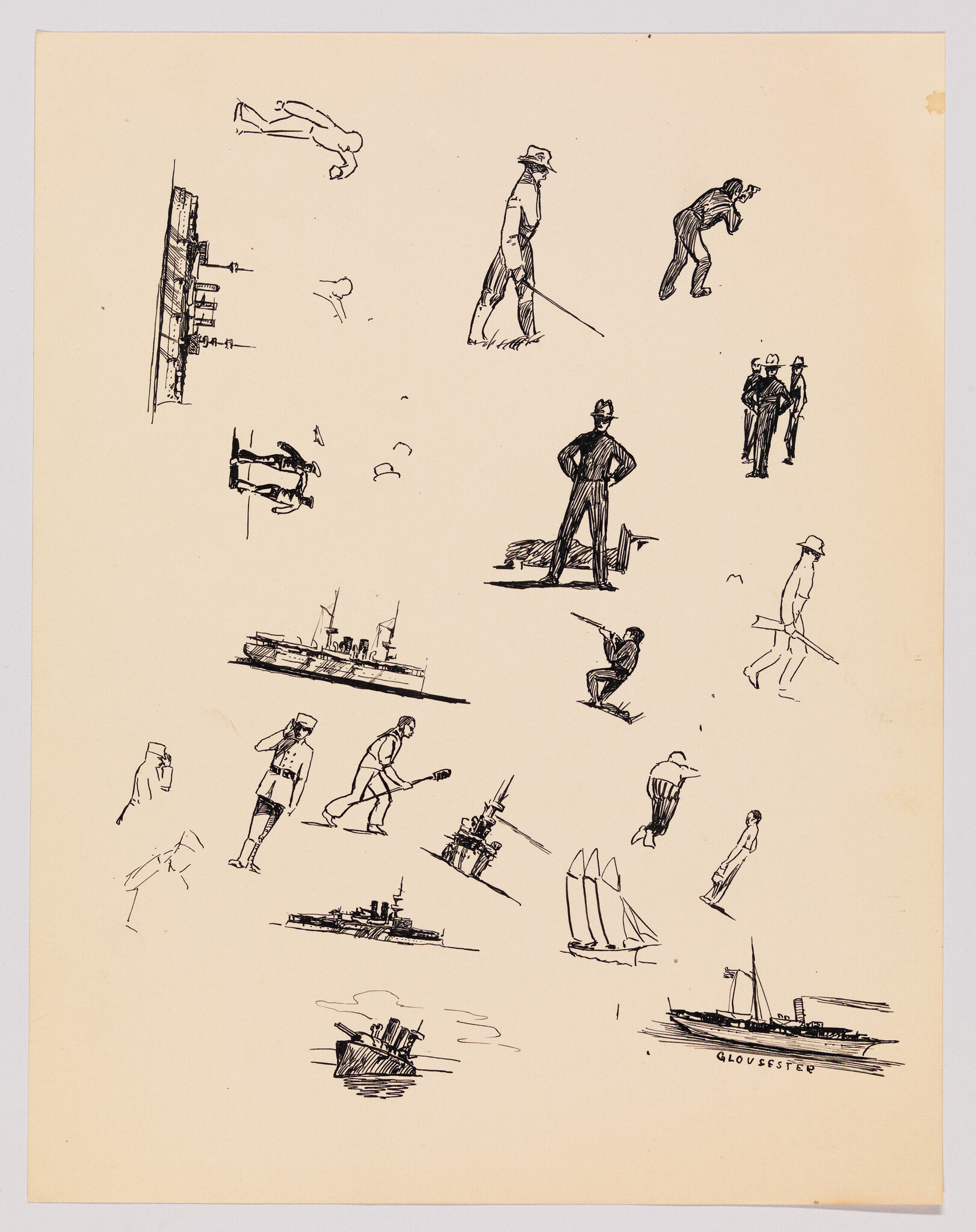 A sheet of loose pen-and-ink sketches showing sailors, small figures, and multiple ships.