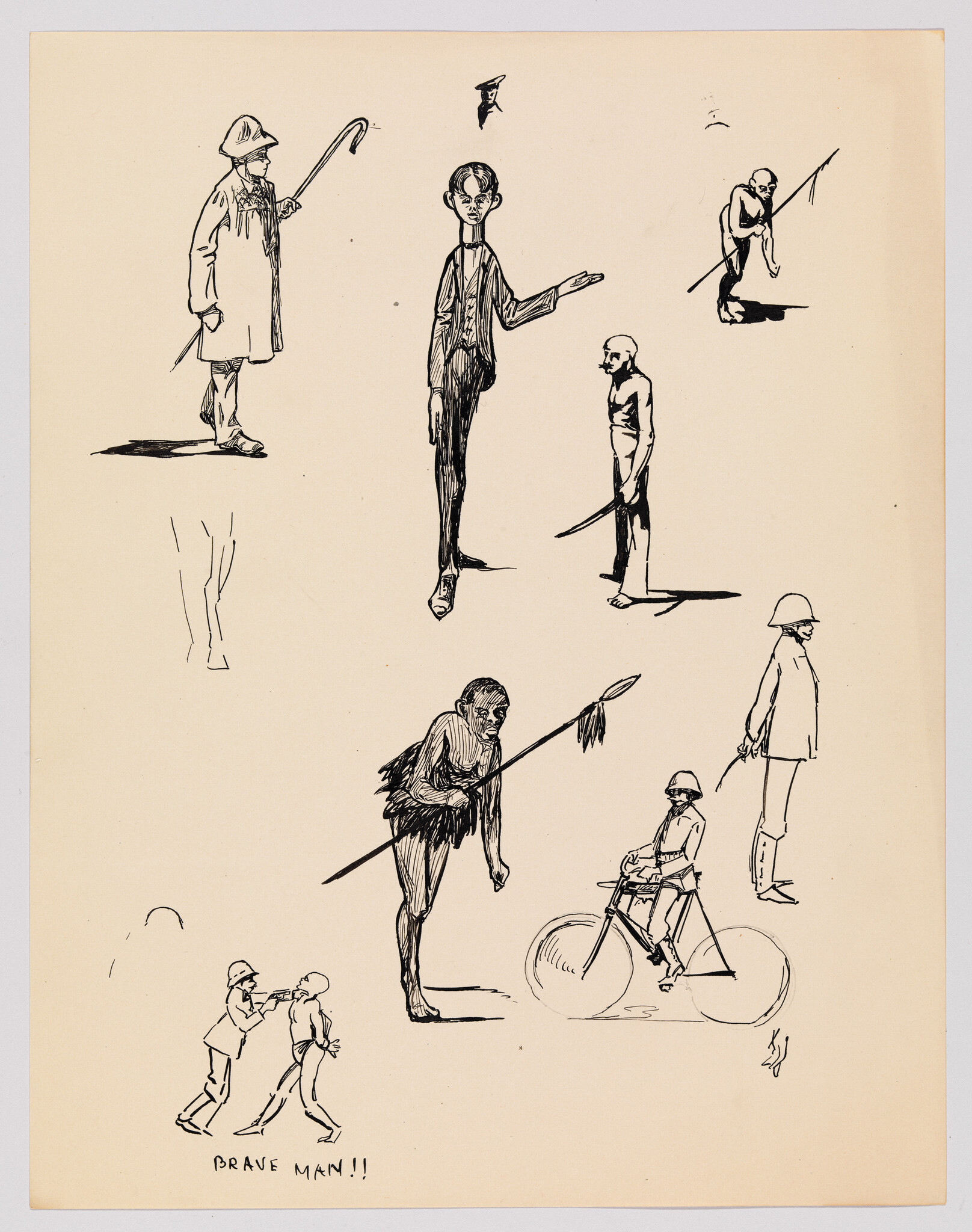 Multiple ink sketches of different men, including a tall suit figure, spear-wielding tribesman, and soldier on bicycle.