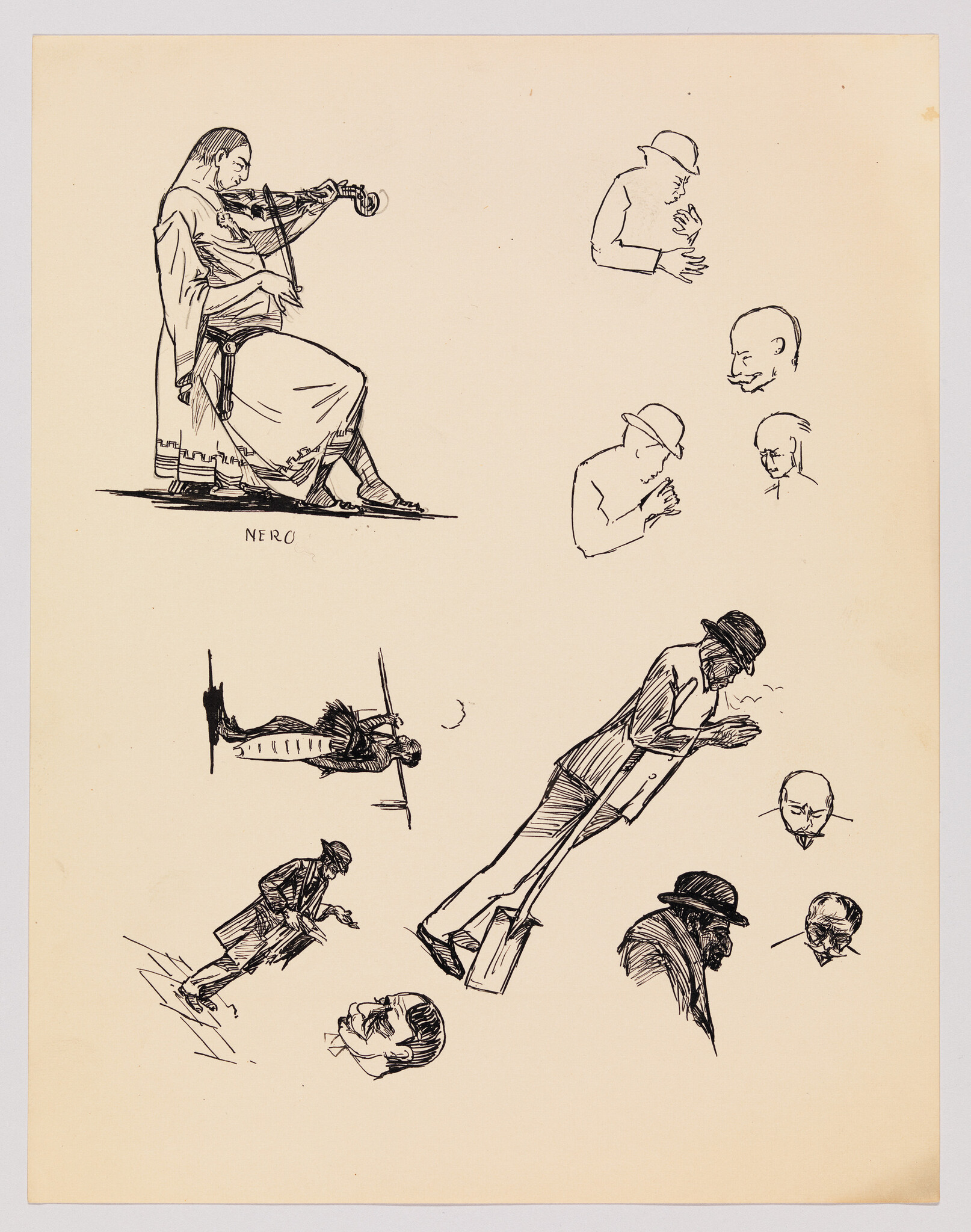 A seated violinist labeled "Nero" plays while several quick ink sketches of men in hats surround him.