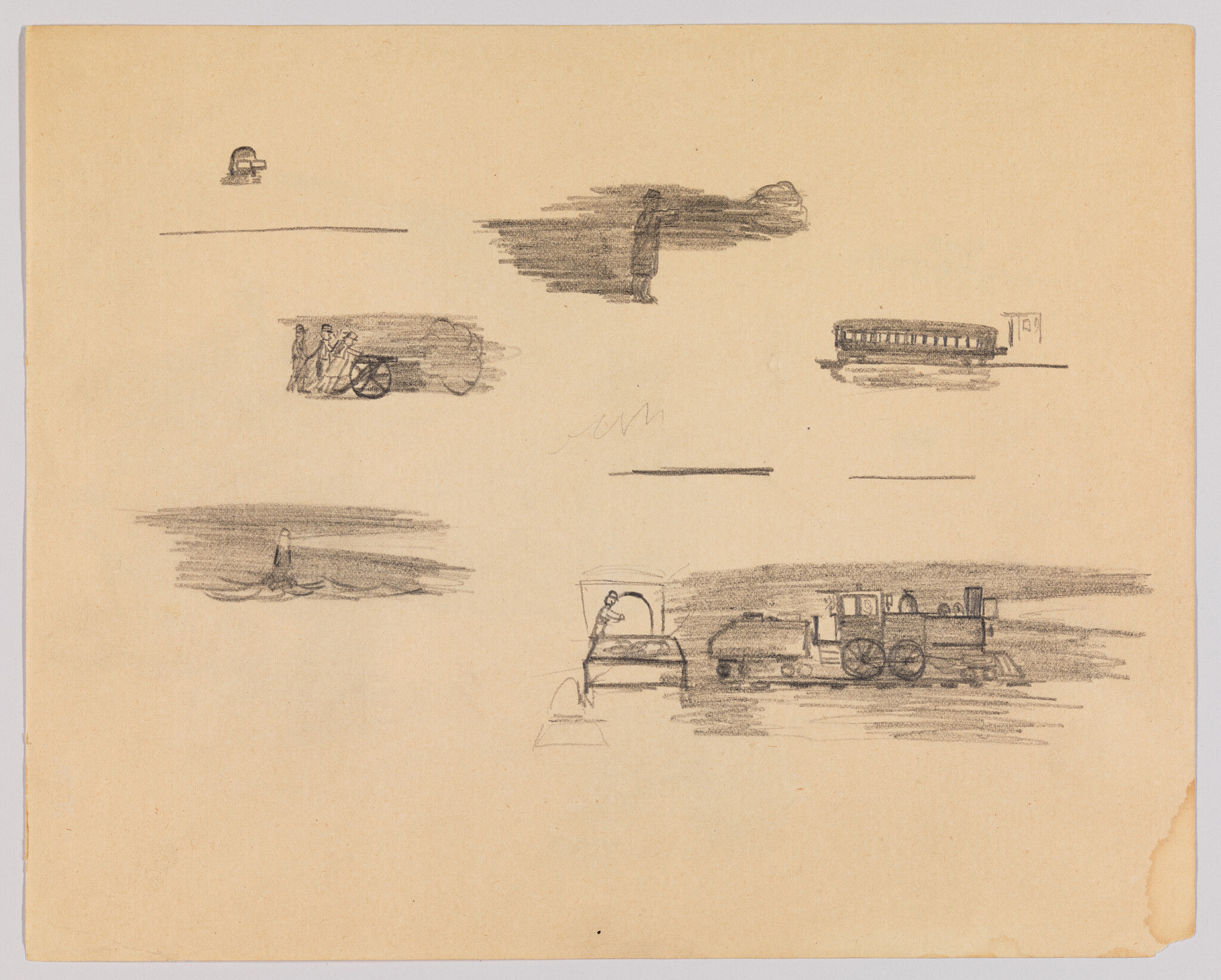 Several small pencil sketches show a steam locomotive, a cart with people, and lone standing figures.