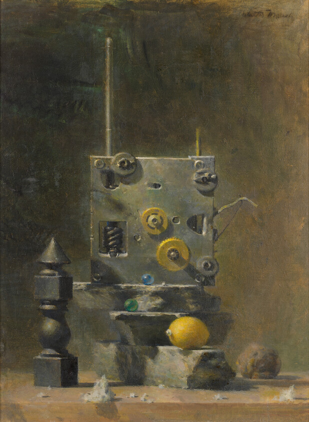 A small metal mechanical box with exposed gears sits among stones, marbles, and a lemon.