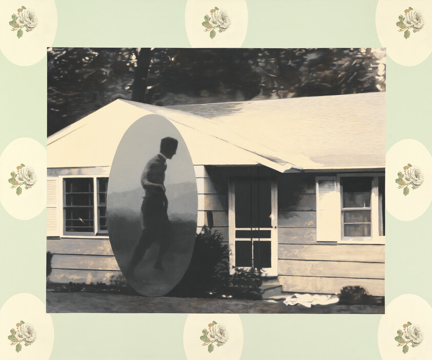 A silhouetted person appears walking inside a reflective oval portal in front of a small house.