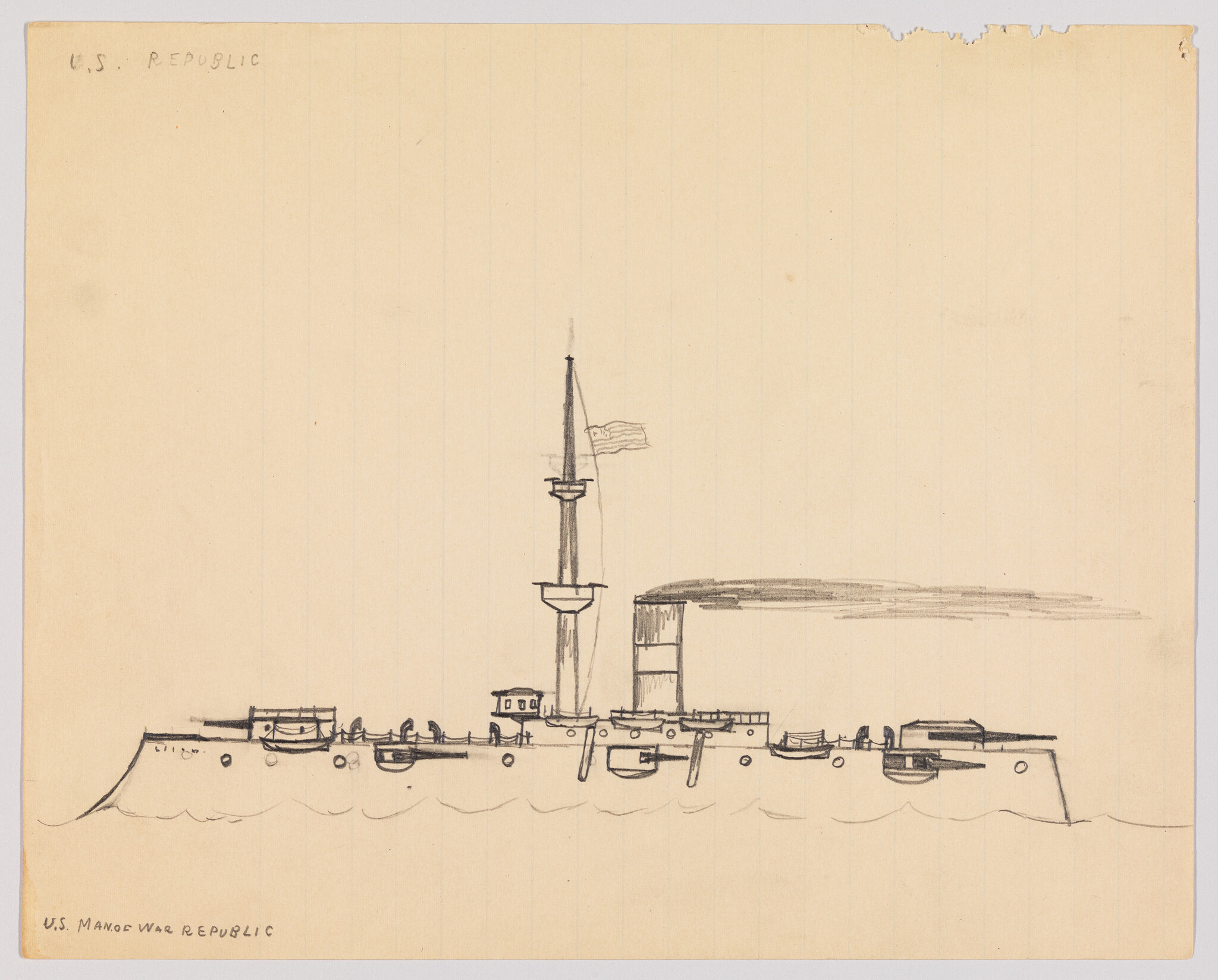 Pencil sketch of a U.S. warship with tall mast, smokestack, and flying flag.